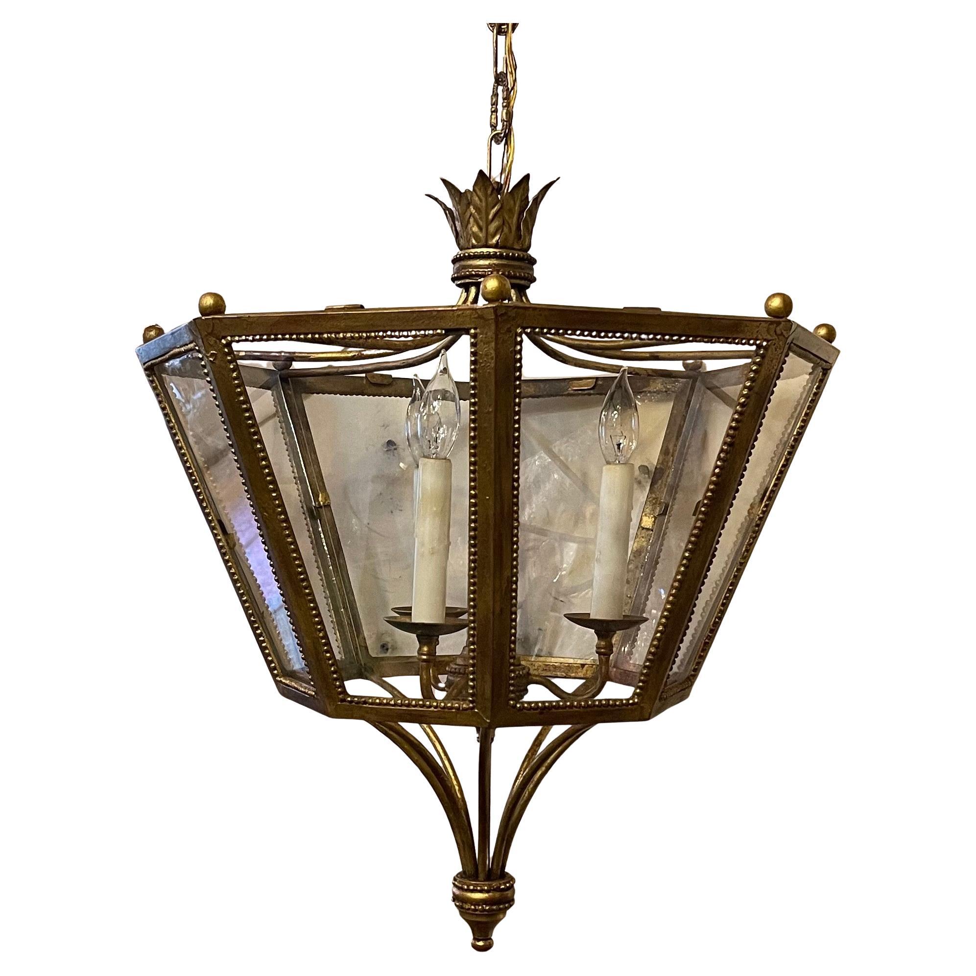 Louis XIV Wonderful French Gilt Iron Louis XVI Hexagon Glass Lantern Pendent Chandelier For Sale