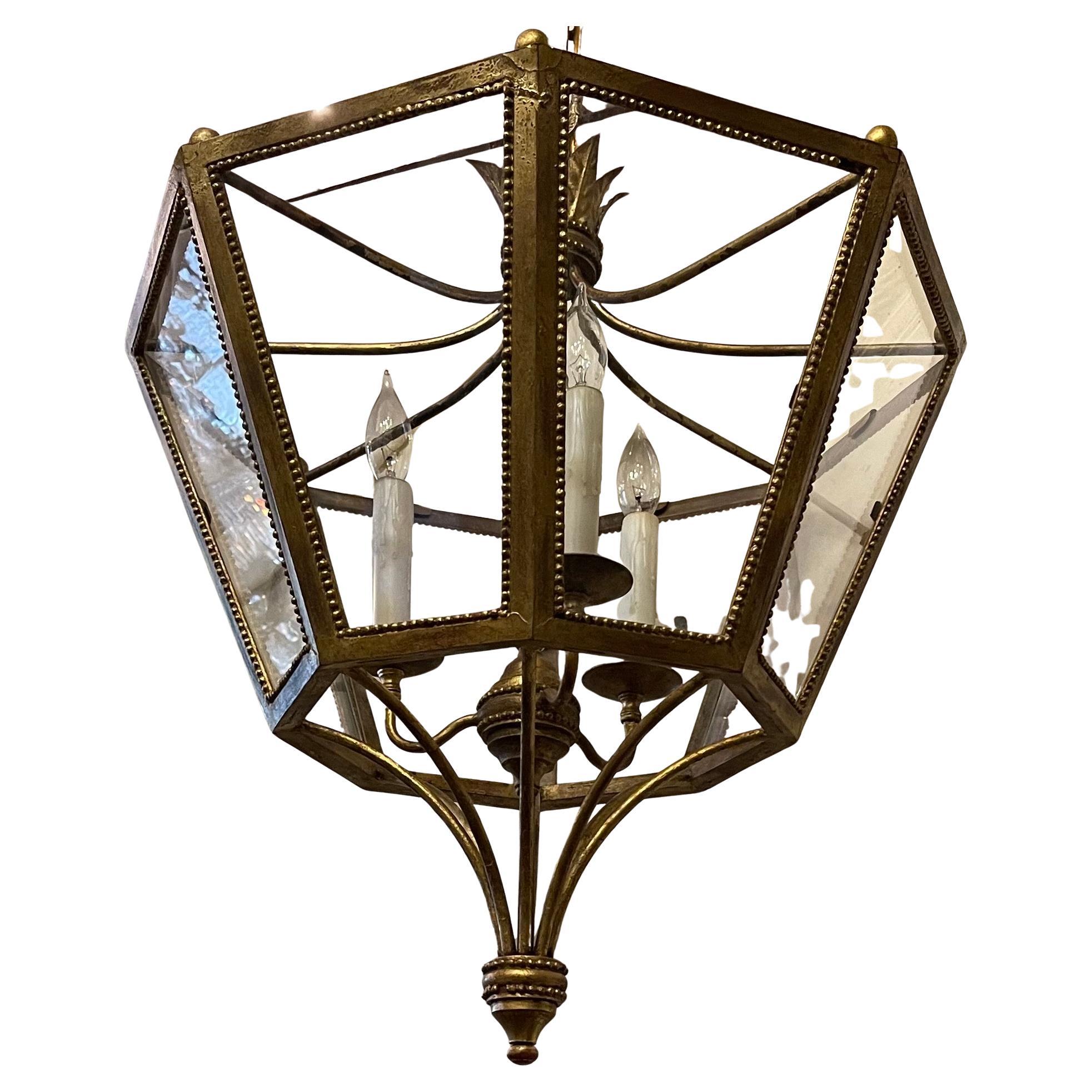 Wonderful French Gilt Iron Louis XVI Hexagon Glass Lantern Pendent Chandelier In Good Condition For Sale In Roslyn, NY