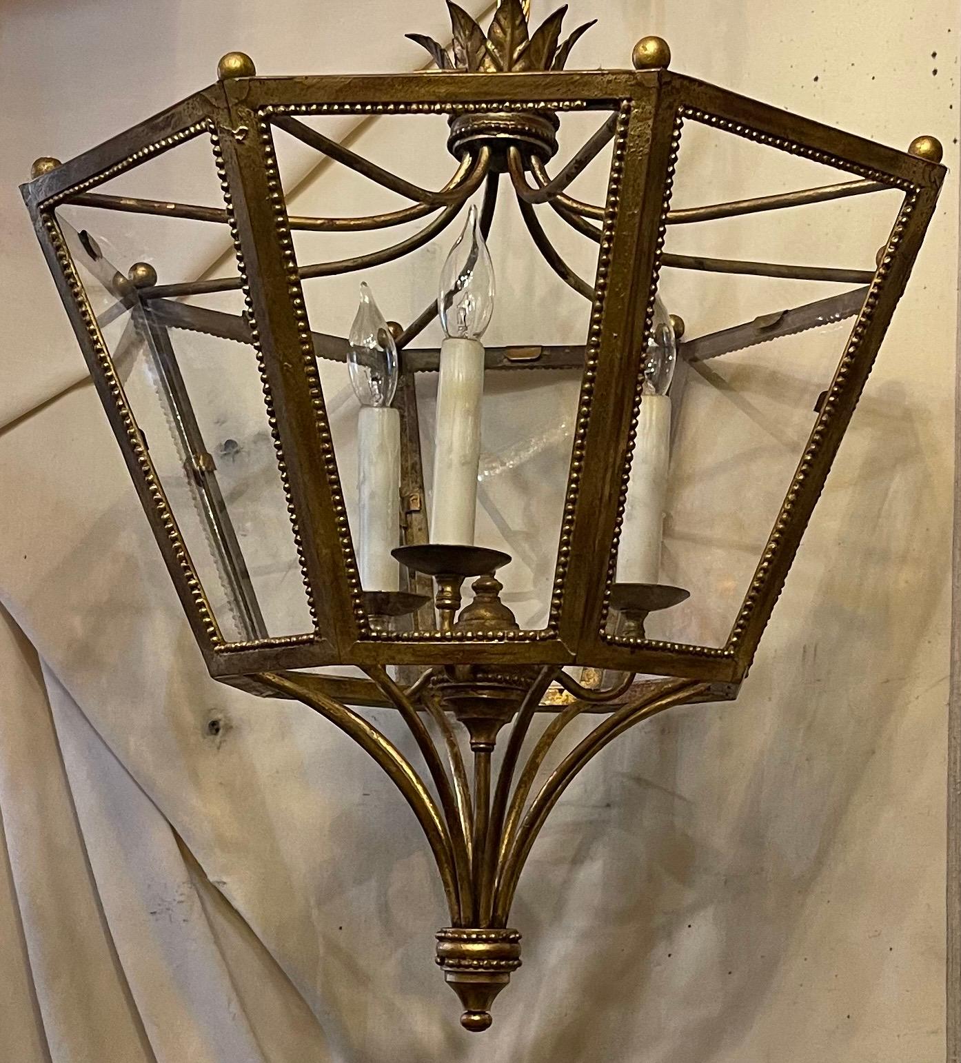 20th Century Wonderful French Gilt Iron Louis XVI Hexagon Glass Lantern Pendent Chandelier For Sale