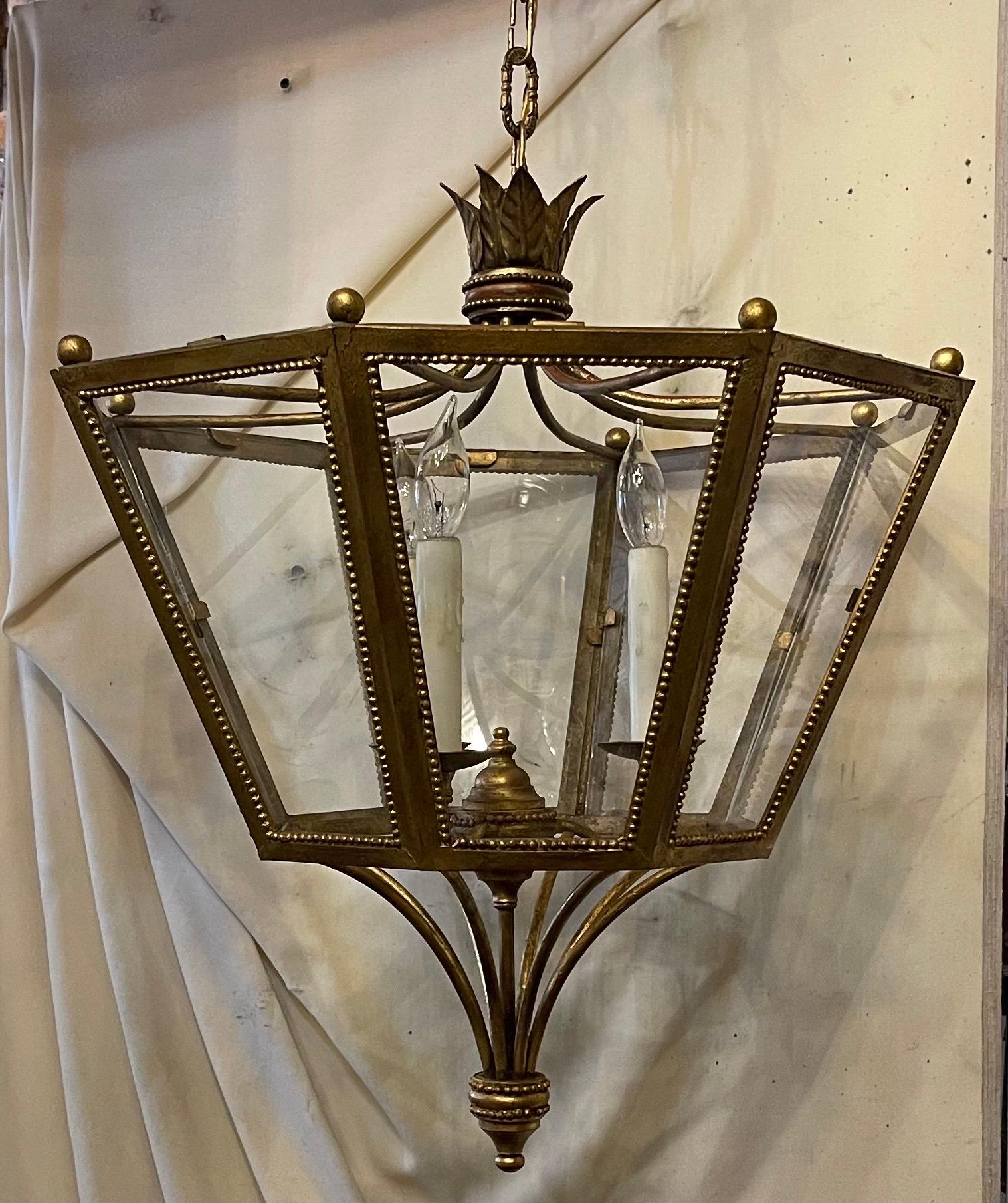 Wonderful French Gilt Iron Louis XVI Hexagon Glass Lantern Pendent Chandelier For Sale 1