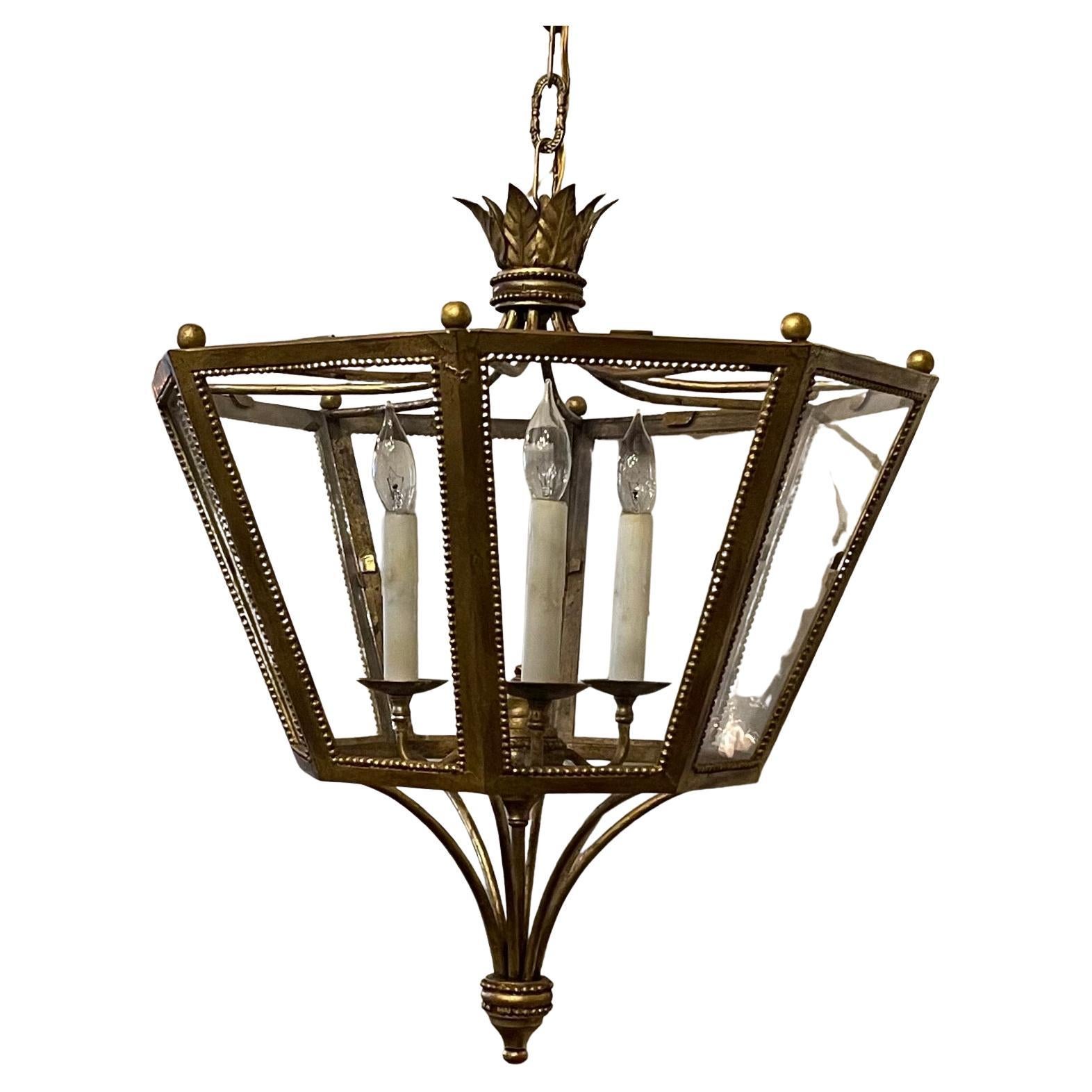 Wonderful French Gilt Iron Louis XVI Hexagon Glass Lantern Pendent Chandelier For Sale