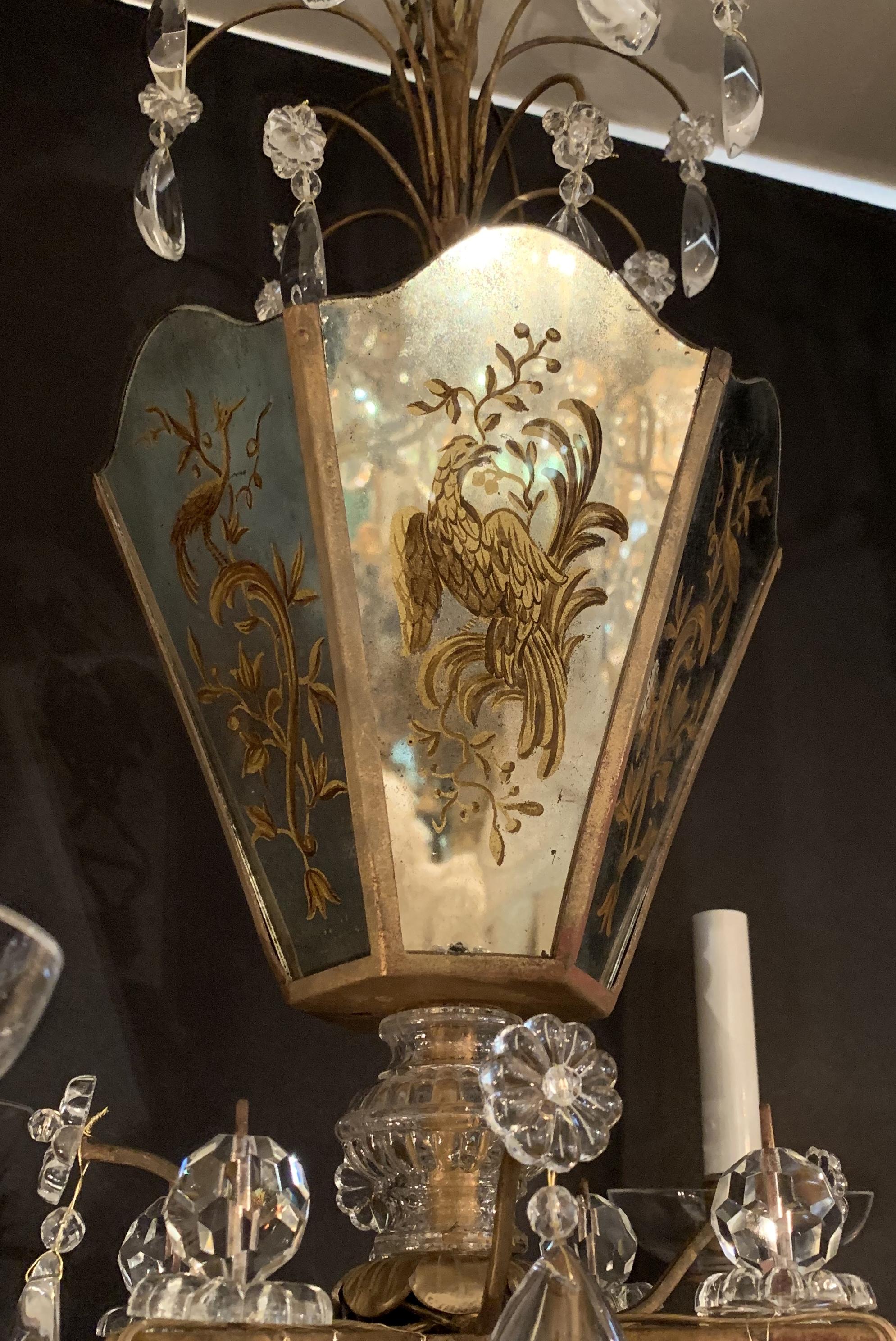 Début du 20ème siècle Magnifique lustre panier baguès français doré à perles et miroir peint à l'envers en vente