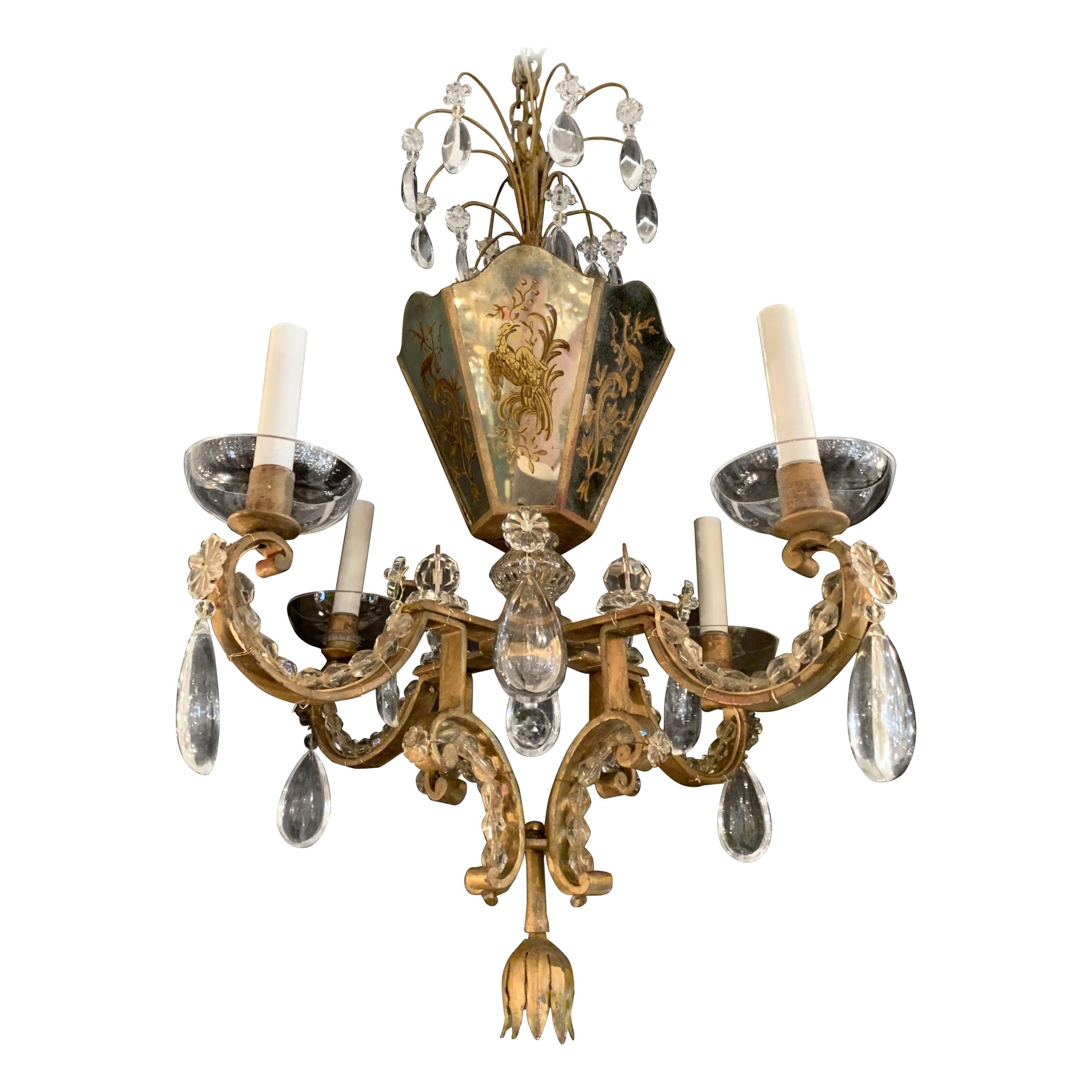 Magnifique lustre panier baguès français doré à perles et miroir peint à l'envers