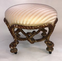 Wonderful French Giltwood Knotted Rope Round Ottoman Tabouret Silk Upholstery