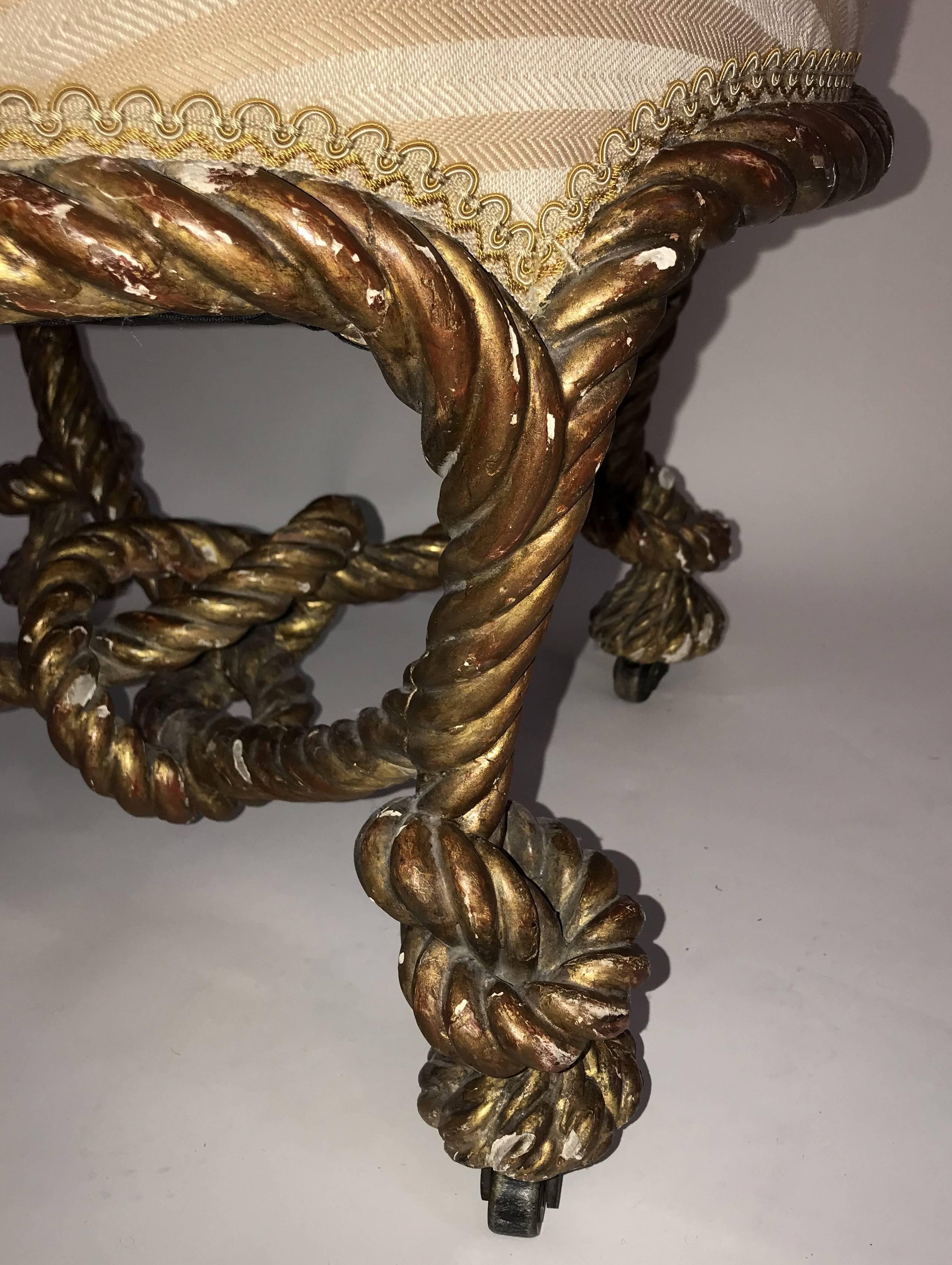 Napoleon III Wonderful French Giltwood Knotted Rope Round Ottoman Tabouret Silk Upholstery For Sale