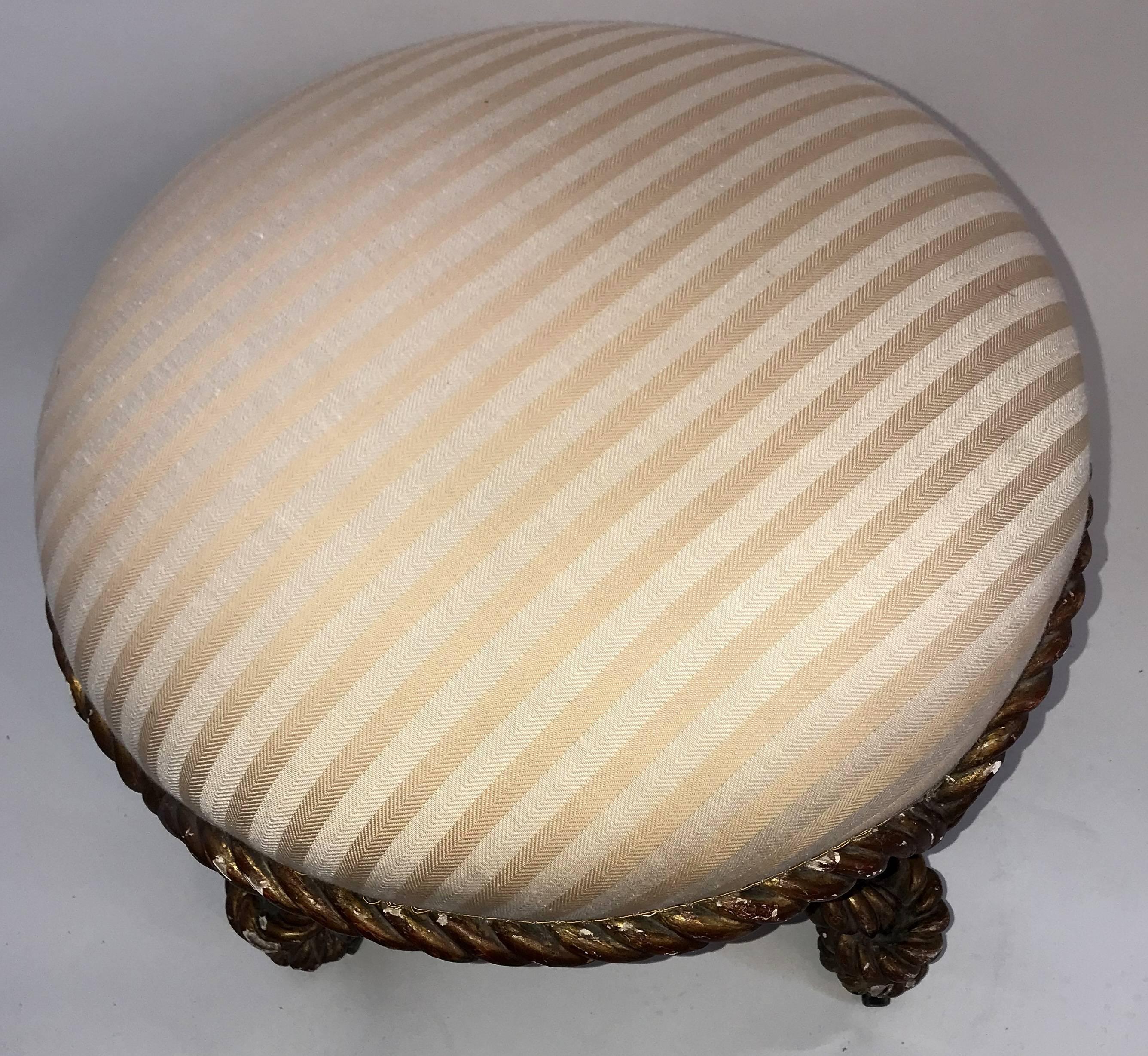 Carved Wonderful French Giltwood Knotted Rope Round Ottoman Tabouret Silk Upholstery For Sale