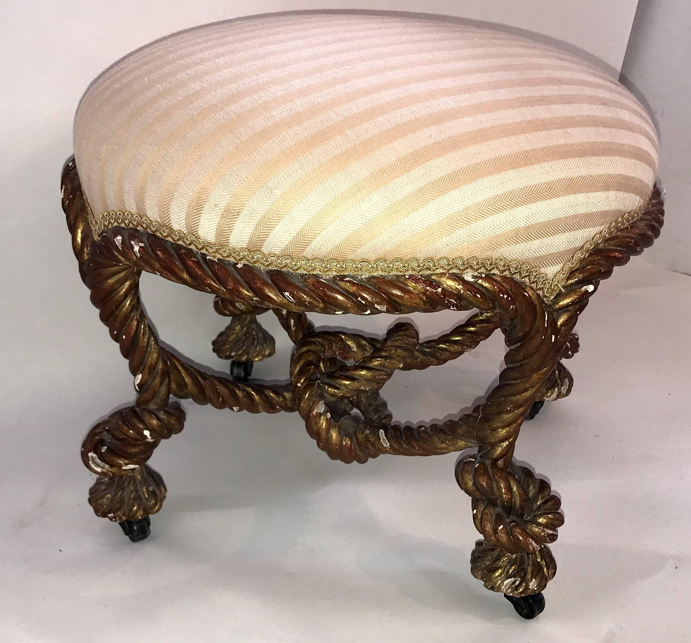Wonderful French Giltwood Knotted Rope Round Ottoman Tabouret Silk Upholstery In Good Condition For Sale In Roslyn, NY