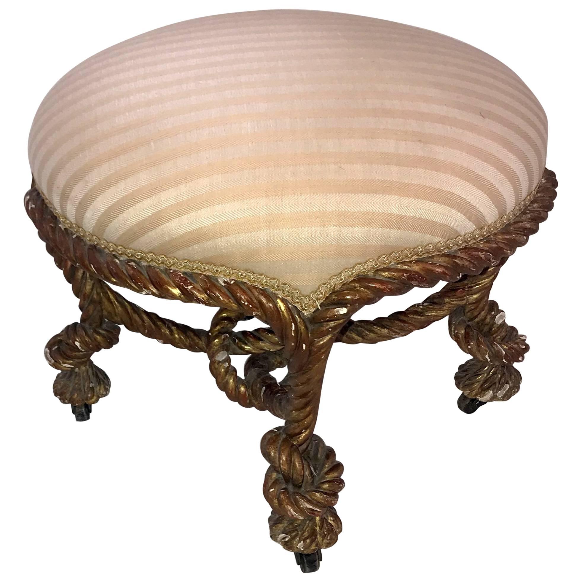 Wonderful French Giltwood Knotted Rope Round Ottoman Tabouret Silk Upholstery For Sale
