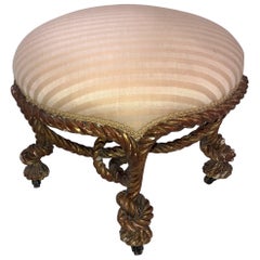 Wonderful French Giltwood Knotted Rope Round Ottoman Tabouret Silk Upholstery