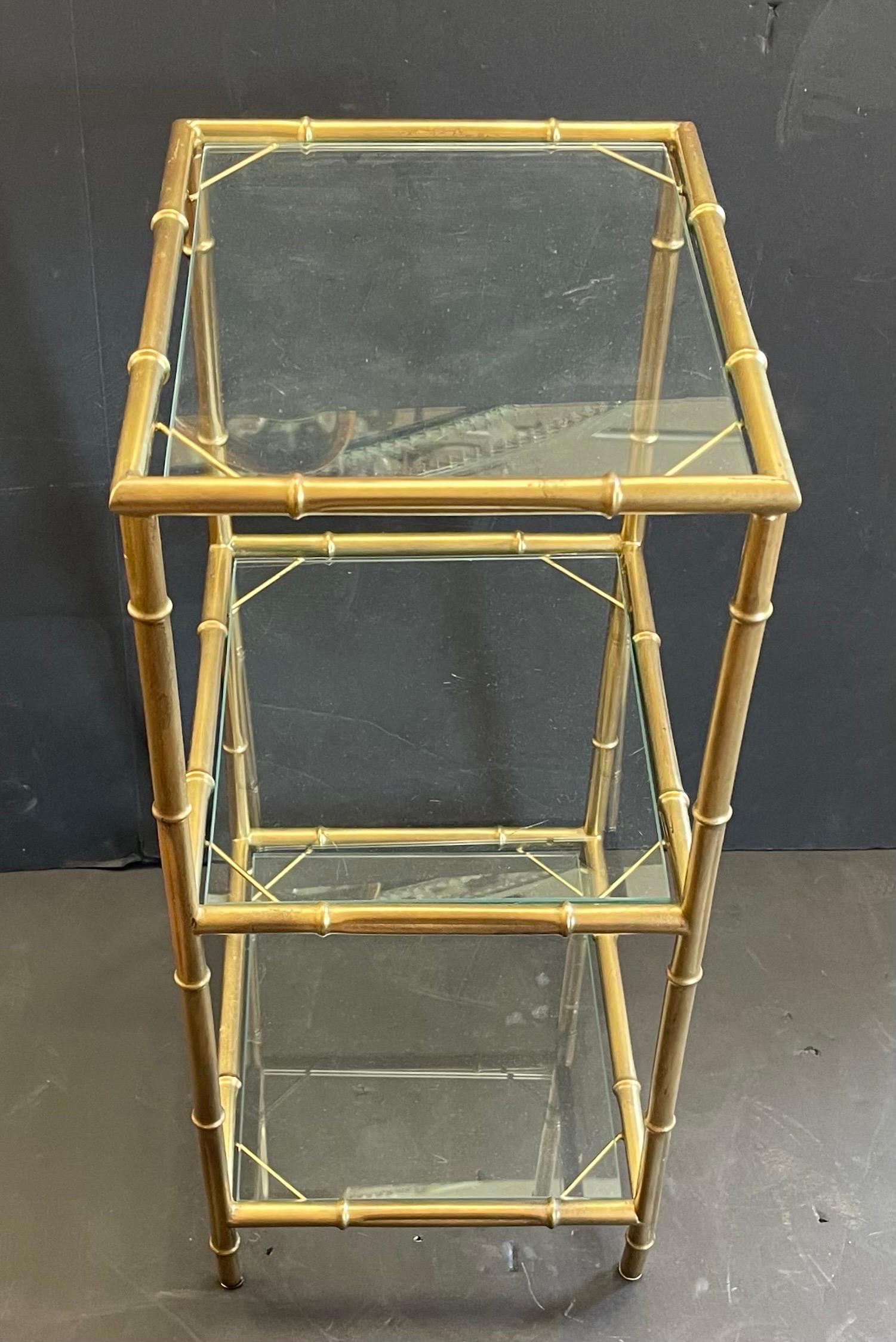A Wonderful French Style Gold Gilt Bamboo Form Glass Three-Tier Bar Drink, Side, End Table.