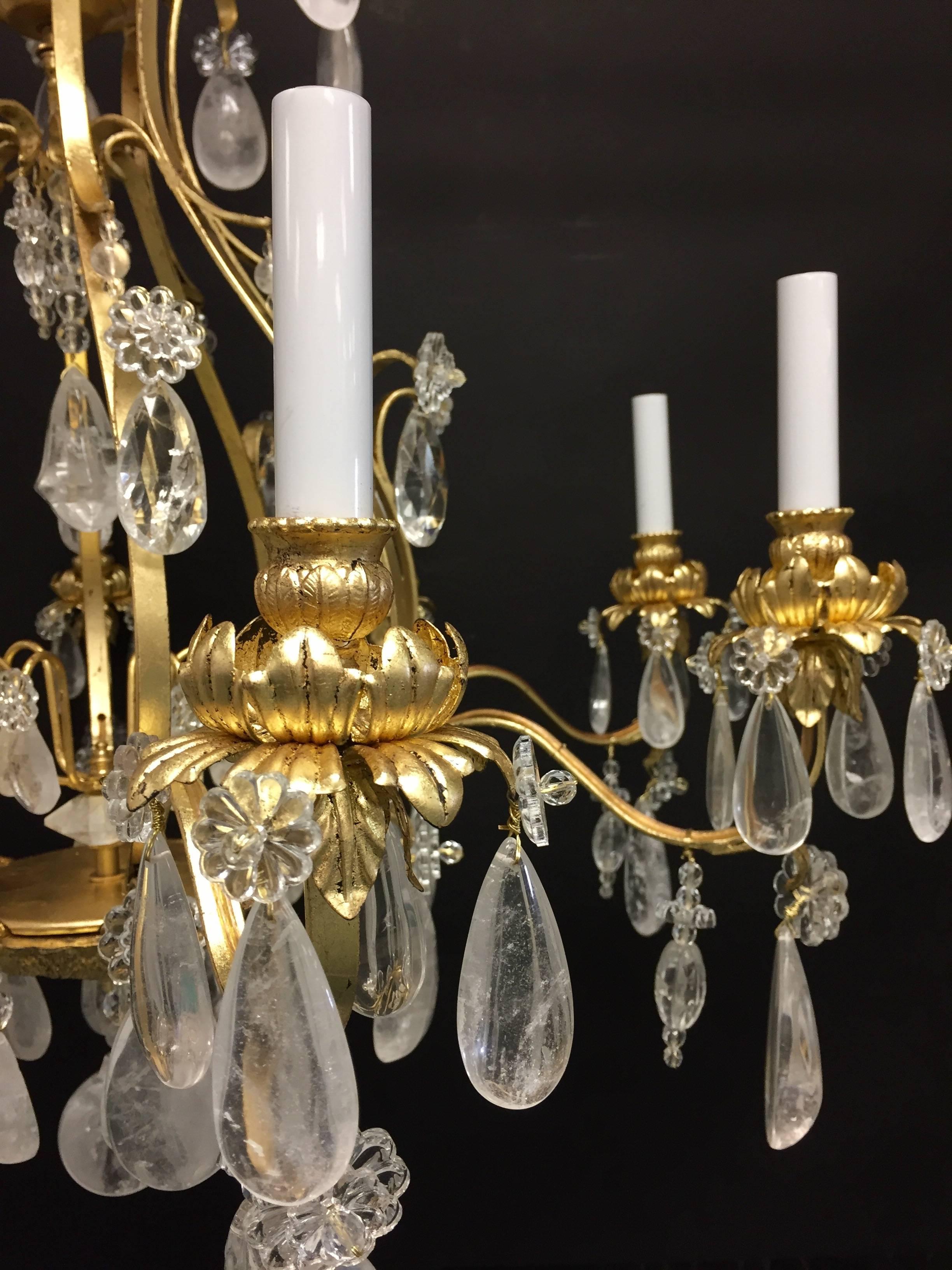 Wonderful French Gold Gilt Iron Baguès Rock Crystal Eight-Light Chandelier In Good Condition In Roslyn, NY