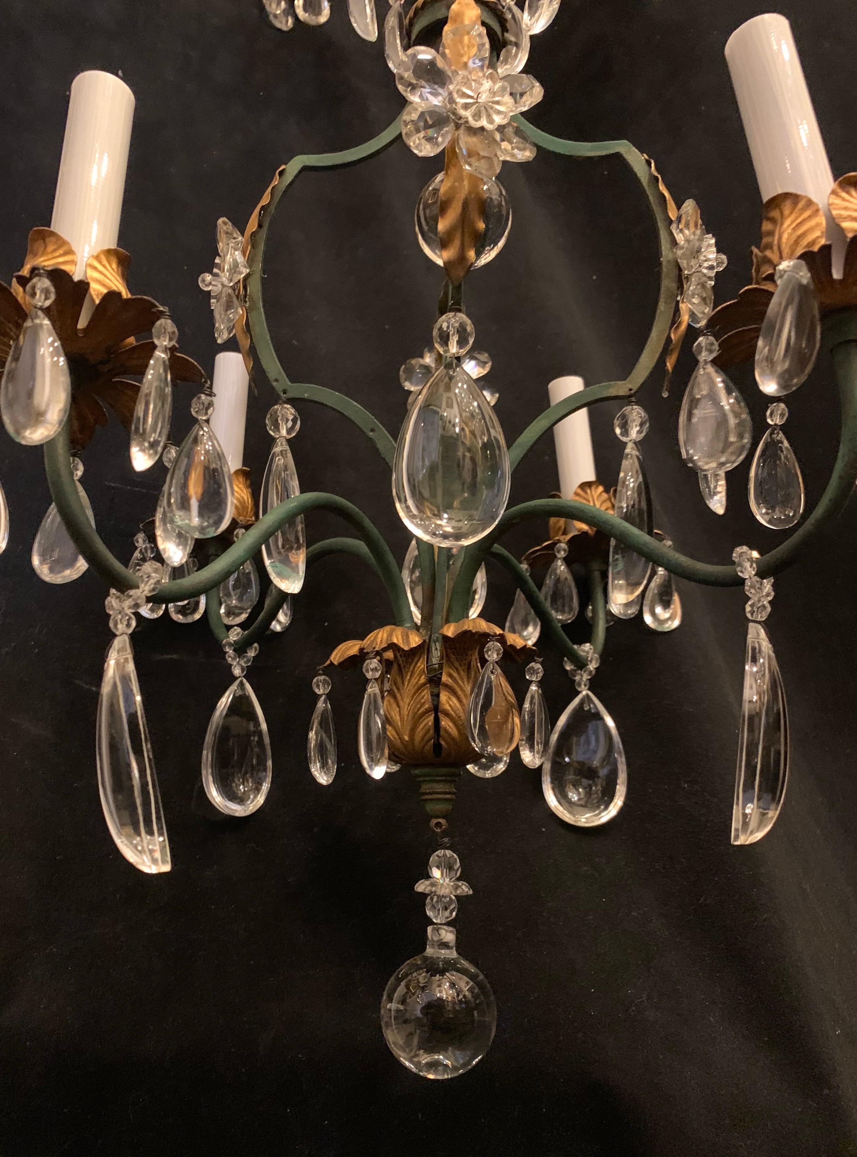 20th Century Wonderful French Green Gold Gilt Tole Crystal Flower Baguès Petite Chandelier For Sale