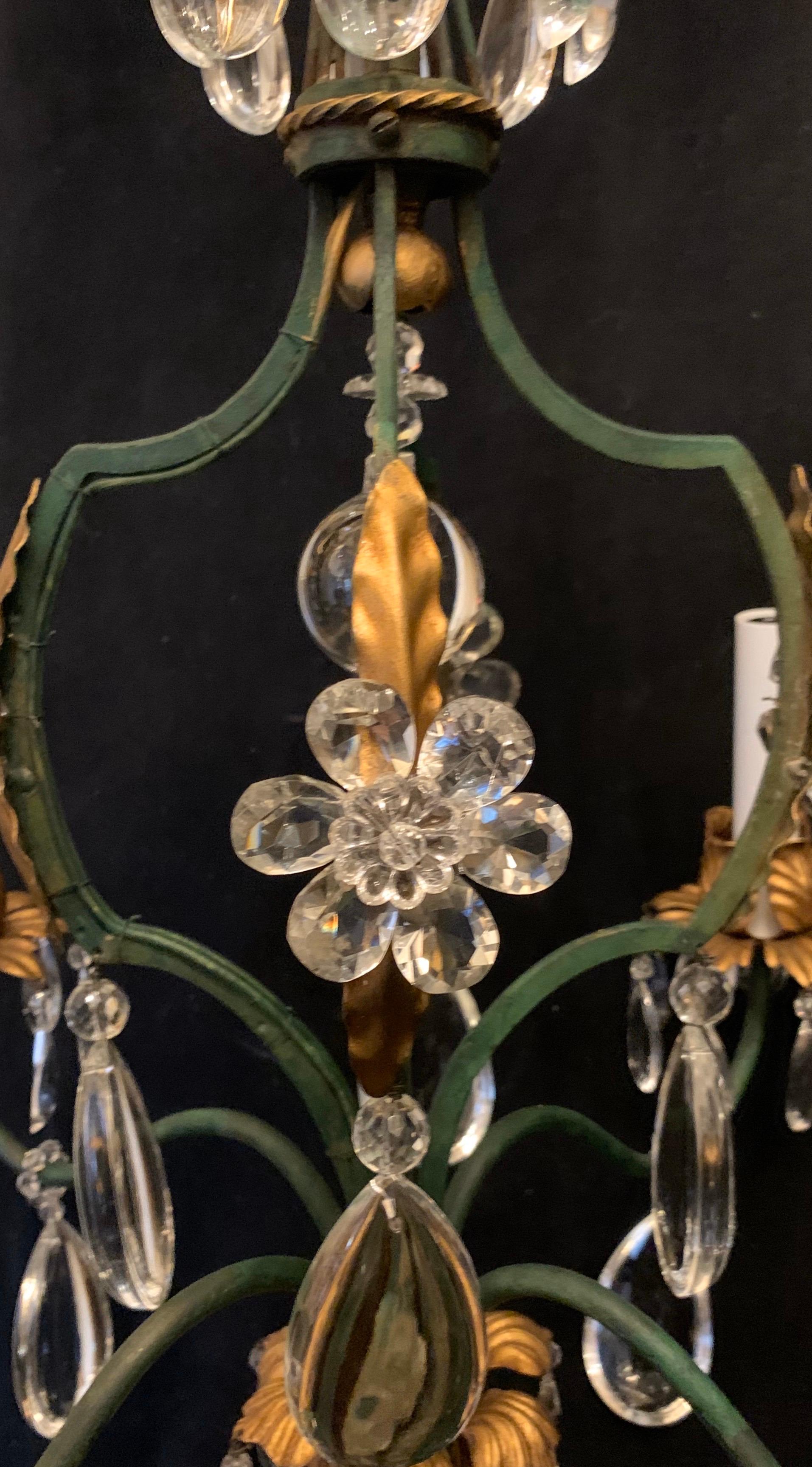 Wonderful French Green Gold Gilt Tole Crystal Flower Baguès Petite Chandelier For Sale 2
