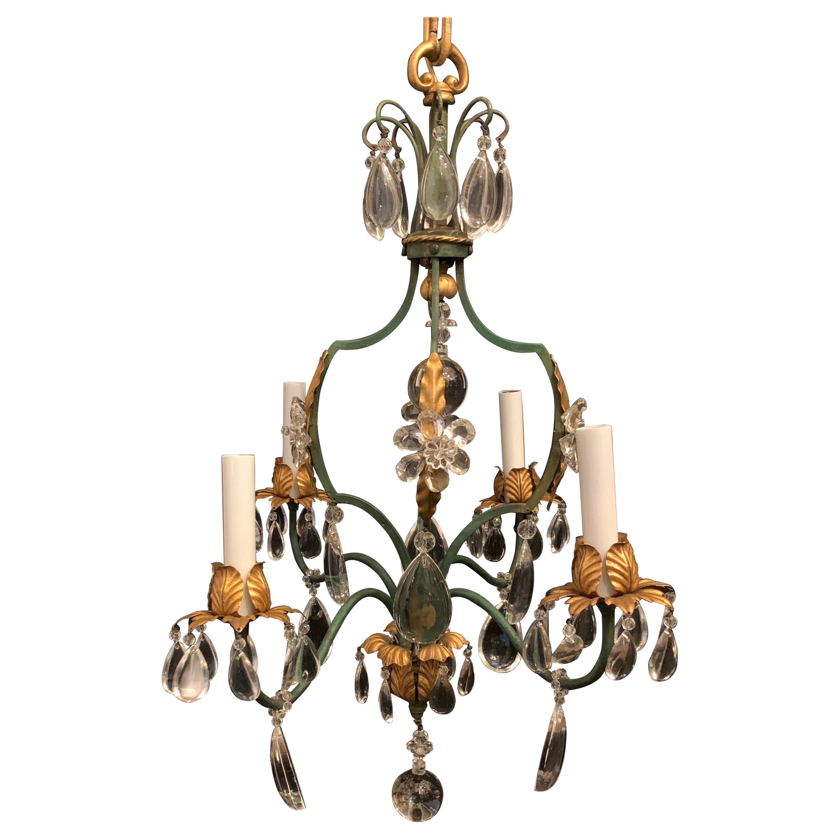 Wonderful French Green Gold Gilt Tole Crystal Flower Baguès Petite Chandelier For Sale