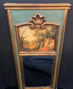 Wonderful French Green Gold Giltwood Trumeau Mirror Courting Garden Scene