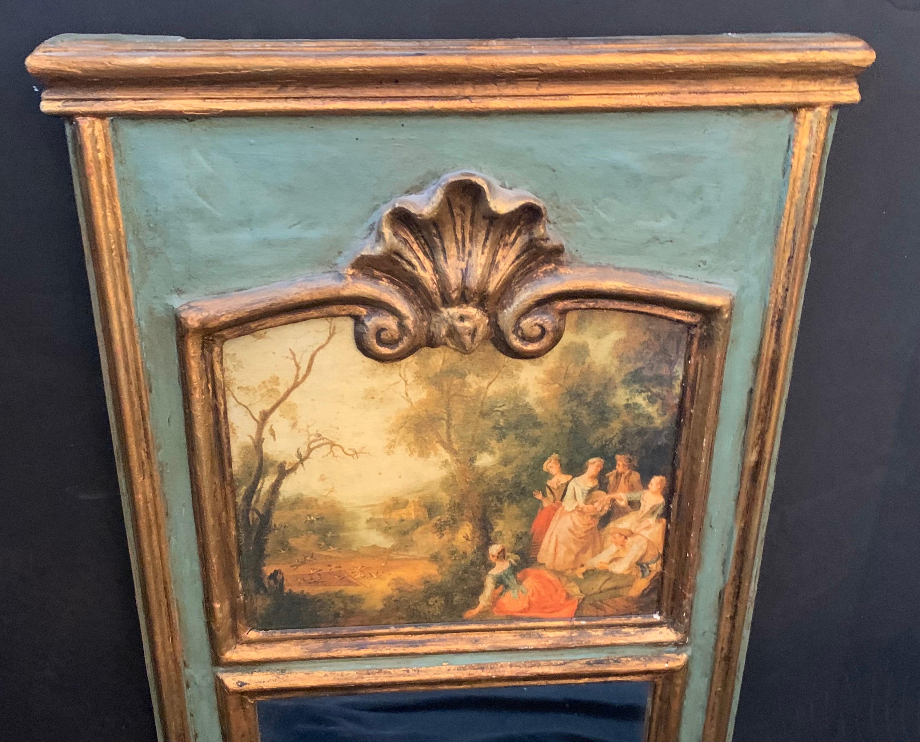 Wonderful French Green Gold Giltwood Trumeau Mirror Courting Garden Scene In Good Condition In Roslyn, NY