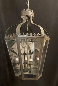 Wonderful French Green Tole Patina Glass Fleur De Lis Lantern Chandelier Fixture