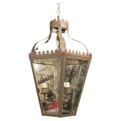 Wonderful French Green Tole Patina Glass Fleur De Lis Lantern Chandelier Fixture