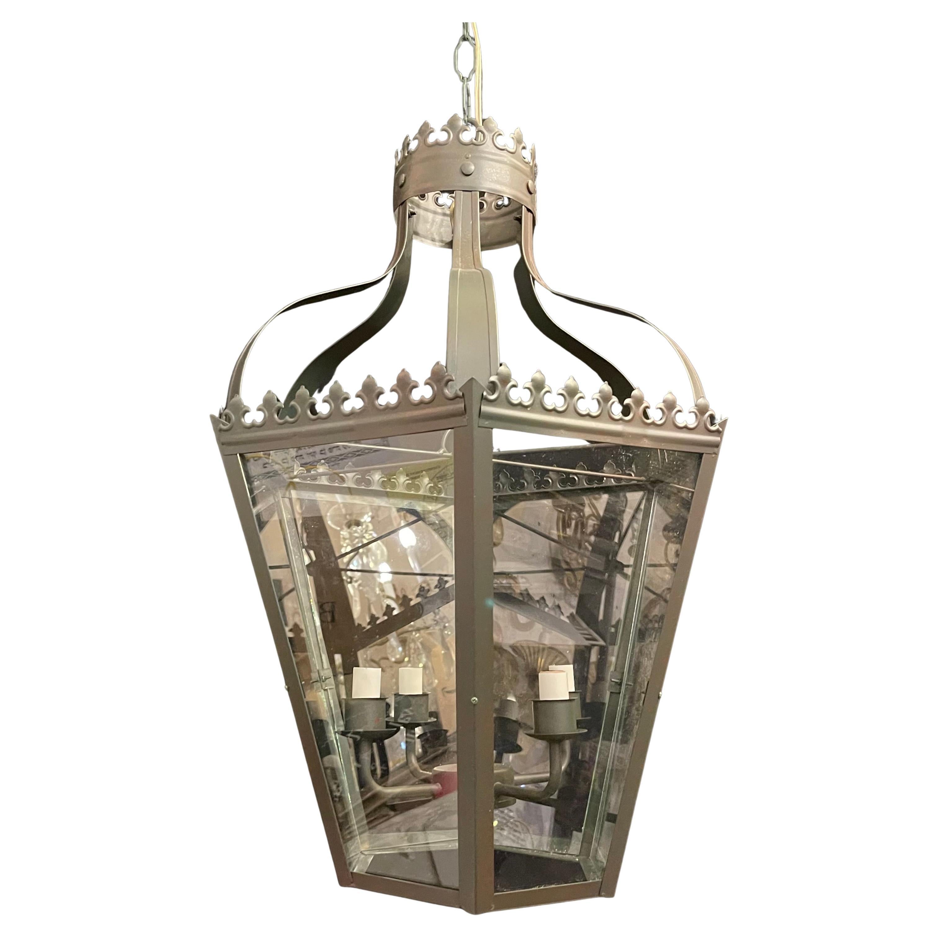 Wonderful French Green Tole Patina Glass Fleur De Lis Lantern Chandelier Fixture