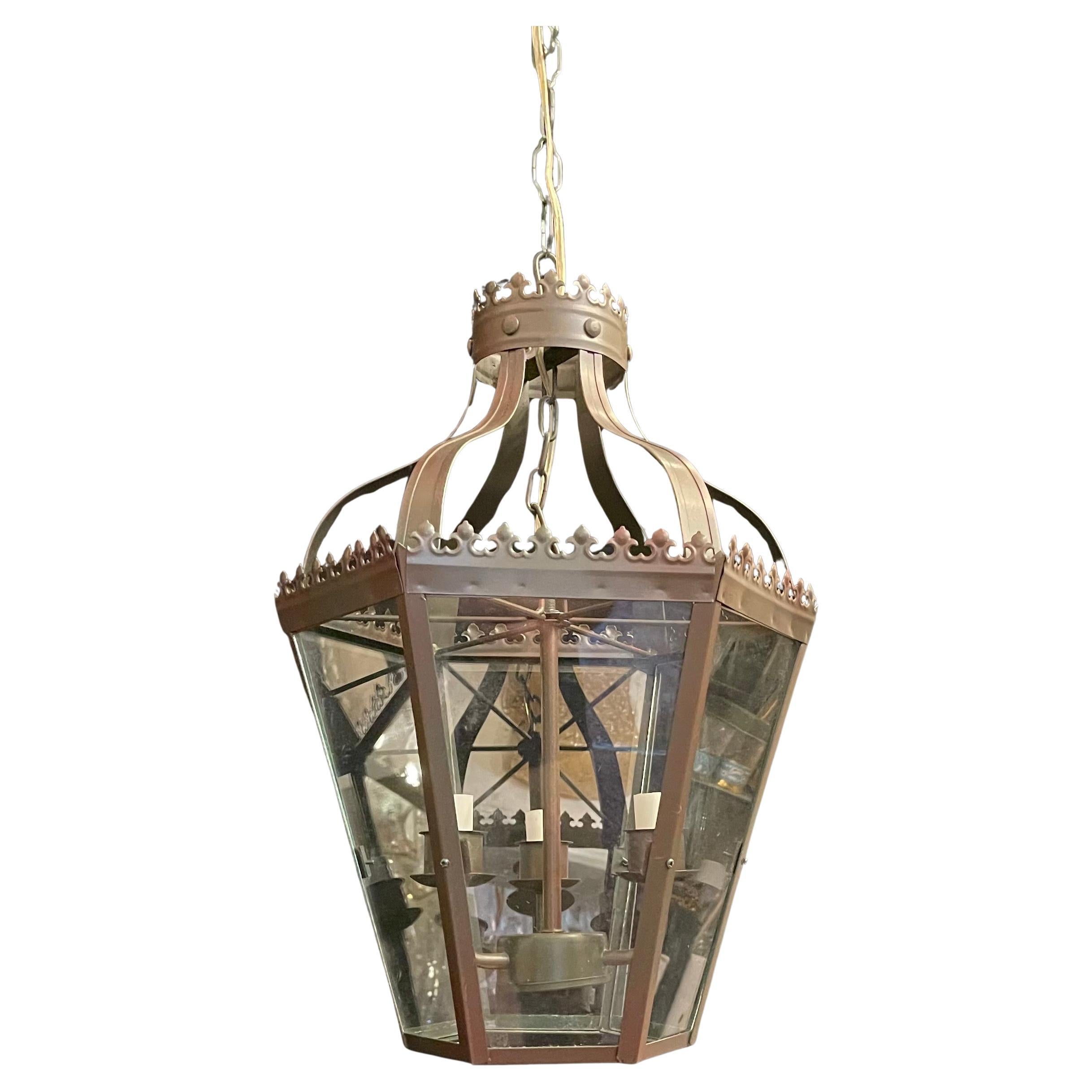 Wonderful French Green Tole Patina Glass Fleur De Lis Lantern Chandelier Fixture