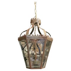 Wonderful French Green Tole Patina Glass Fleur De Lis Lantern Chandelier Fixture