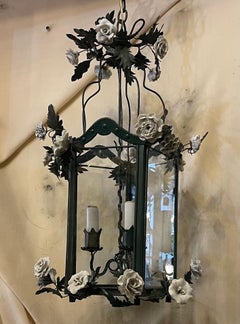 Wonderful French Green Tole Patina Lantern Three Lights White Porcelain Flowers