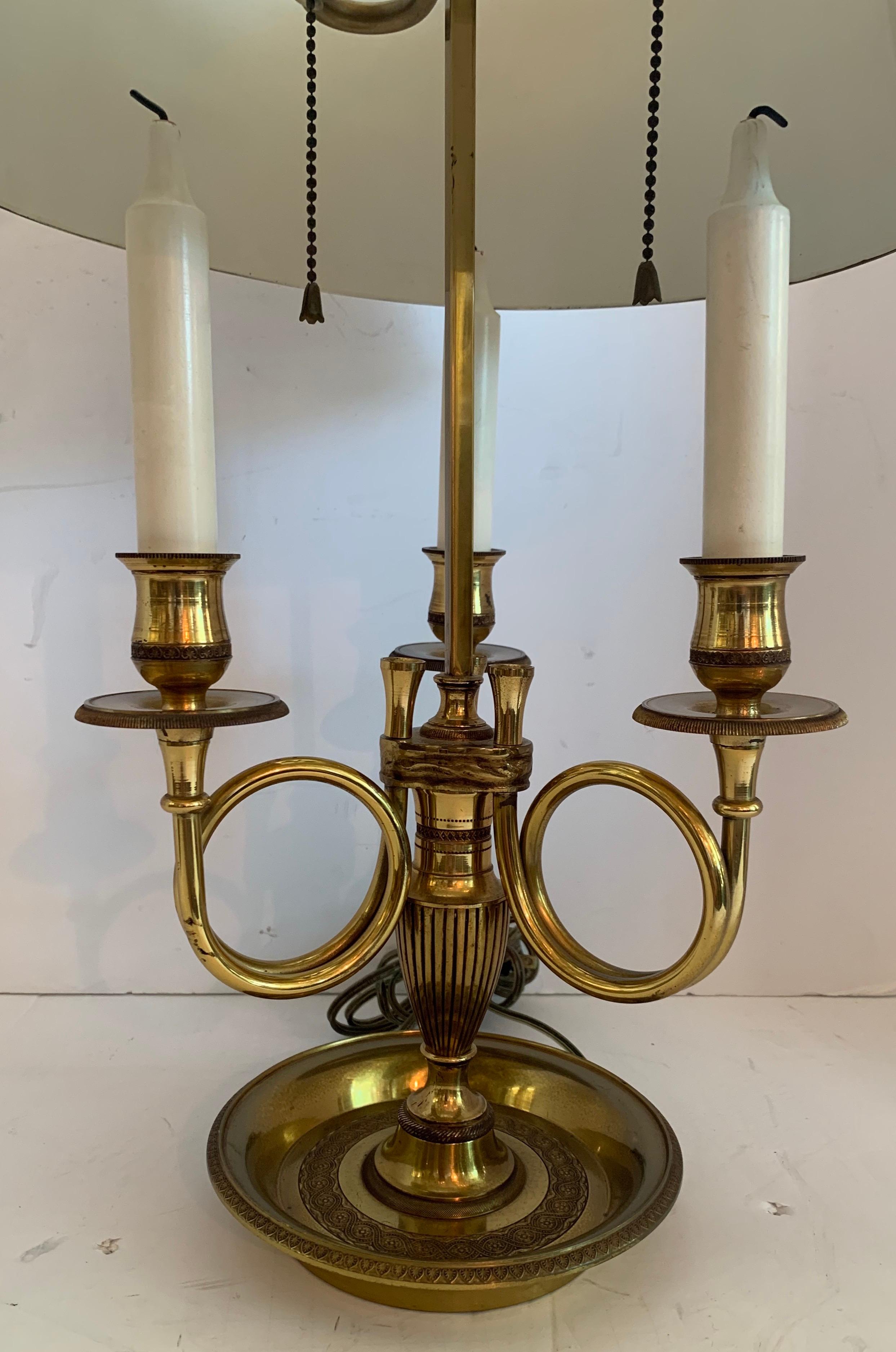 Belle Époque Wonderful French Horn Neoclassical Regency Bronze Bouillotte Tole Shade Lamp
