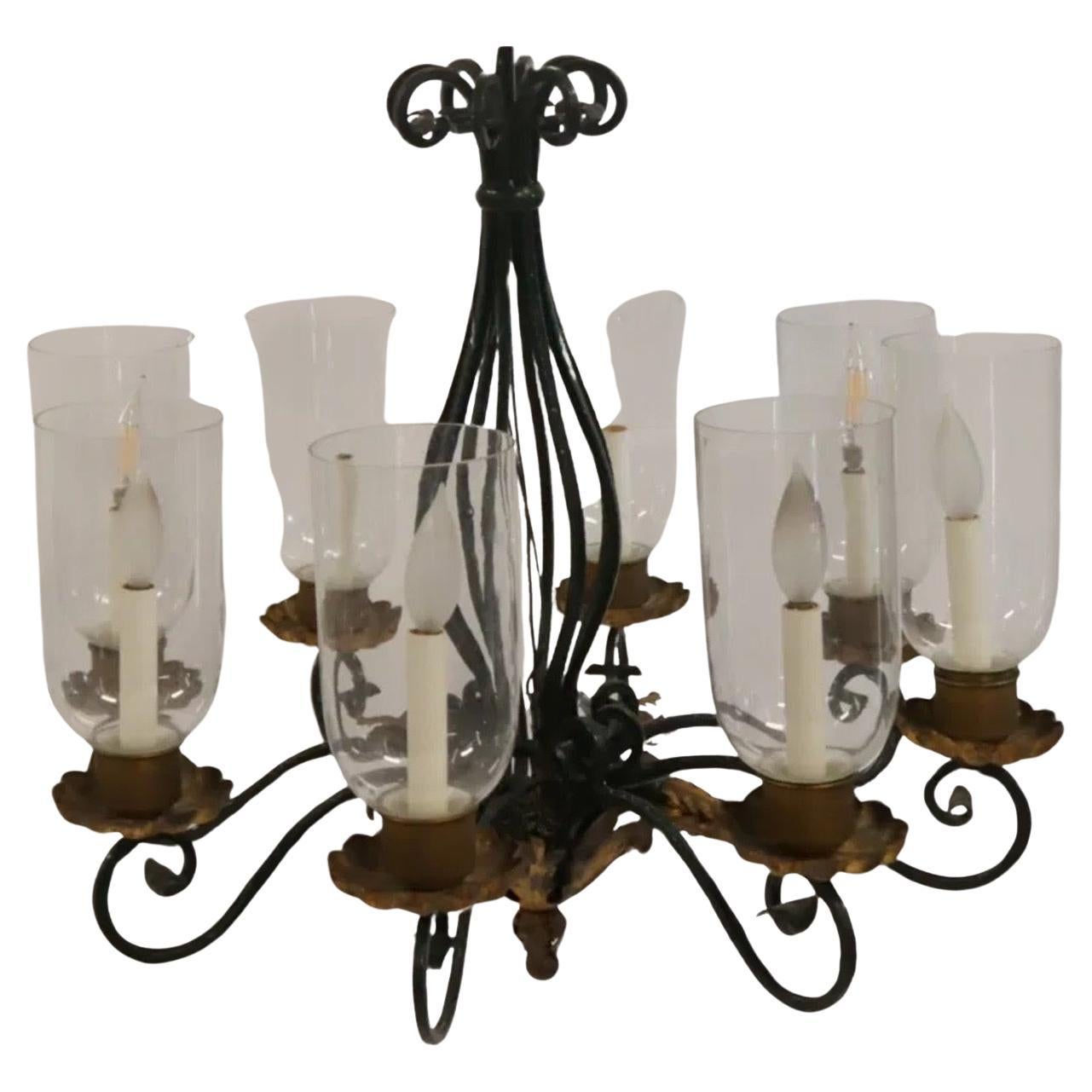 Wonderful French Iron Painted Green Gold Glass Hurricane Chandelier