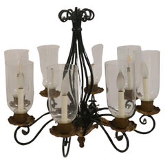 Wonderful French Iron Painted Green Gold Glass Hurricane Chandelier