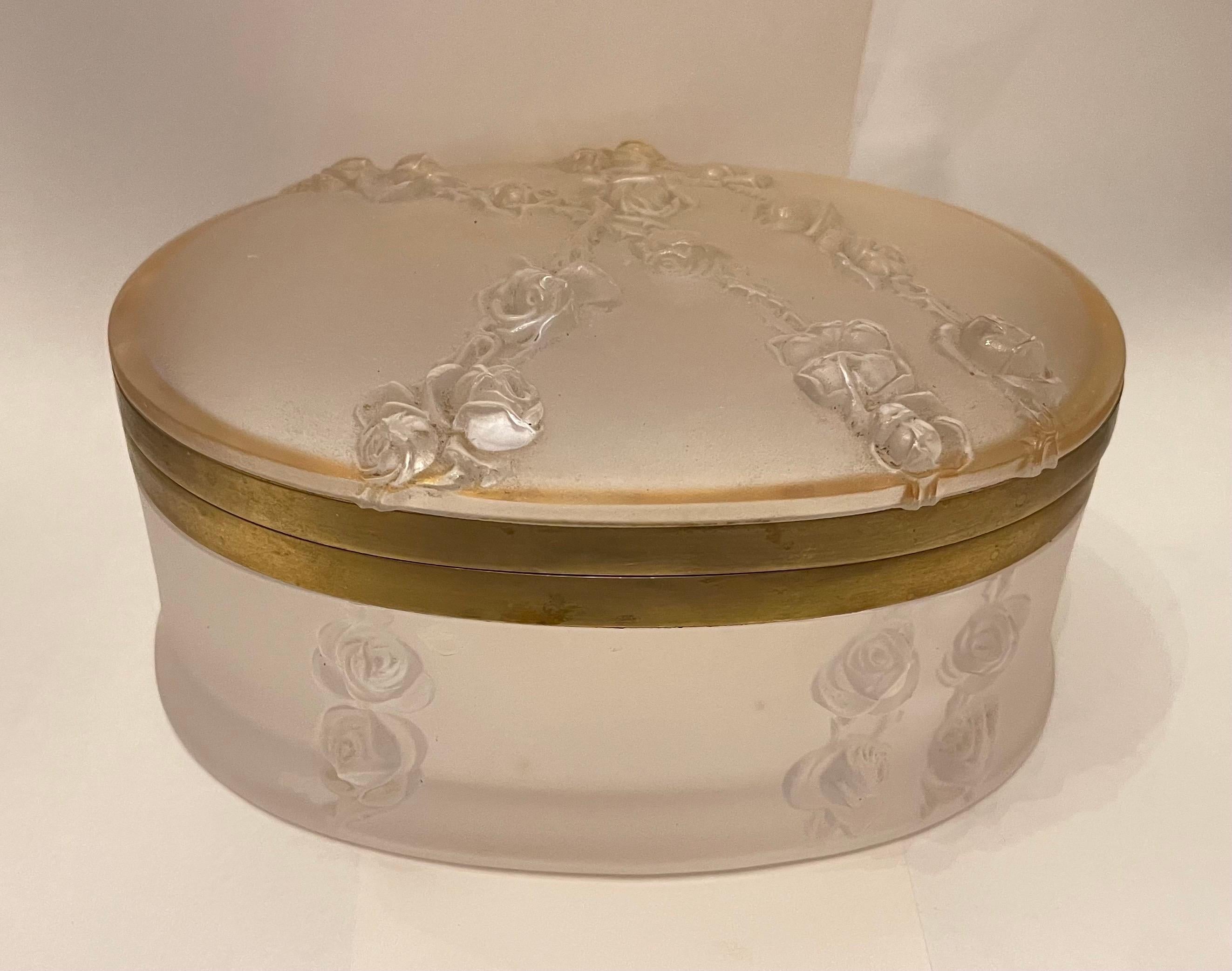 A Wonderful Vintage French Lalique Coppelia Frosted Crystal With Roses & Garland And A Brass Housing Dresser / Jewelry Box