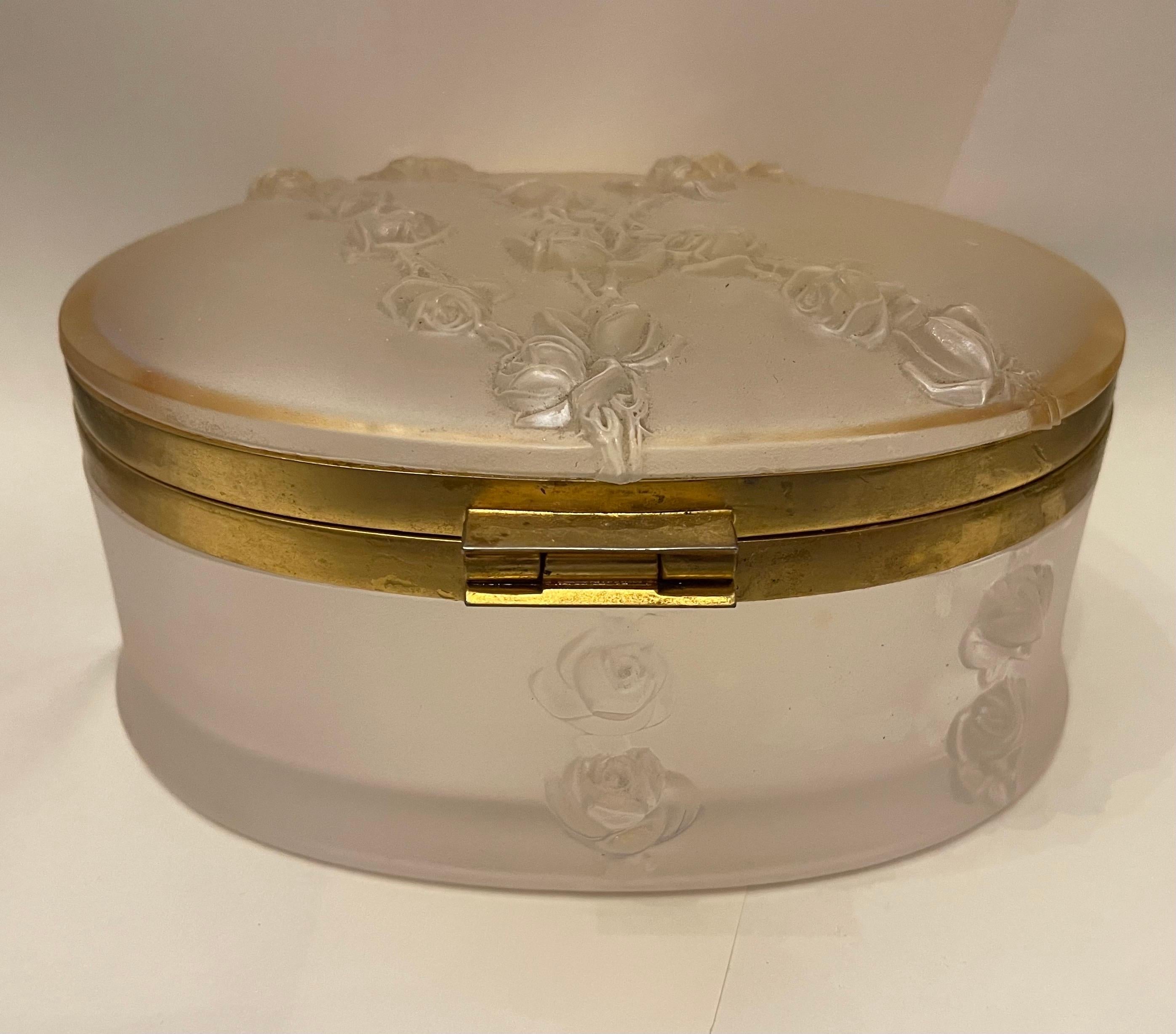 Modern Wonderful French Lalique Coppelia Crystal Rose Garland Brass Dresser Jewelry Box For Sale
