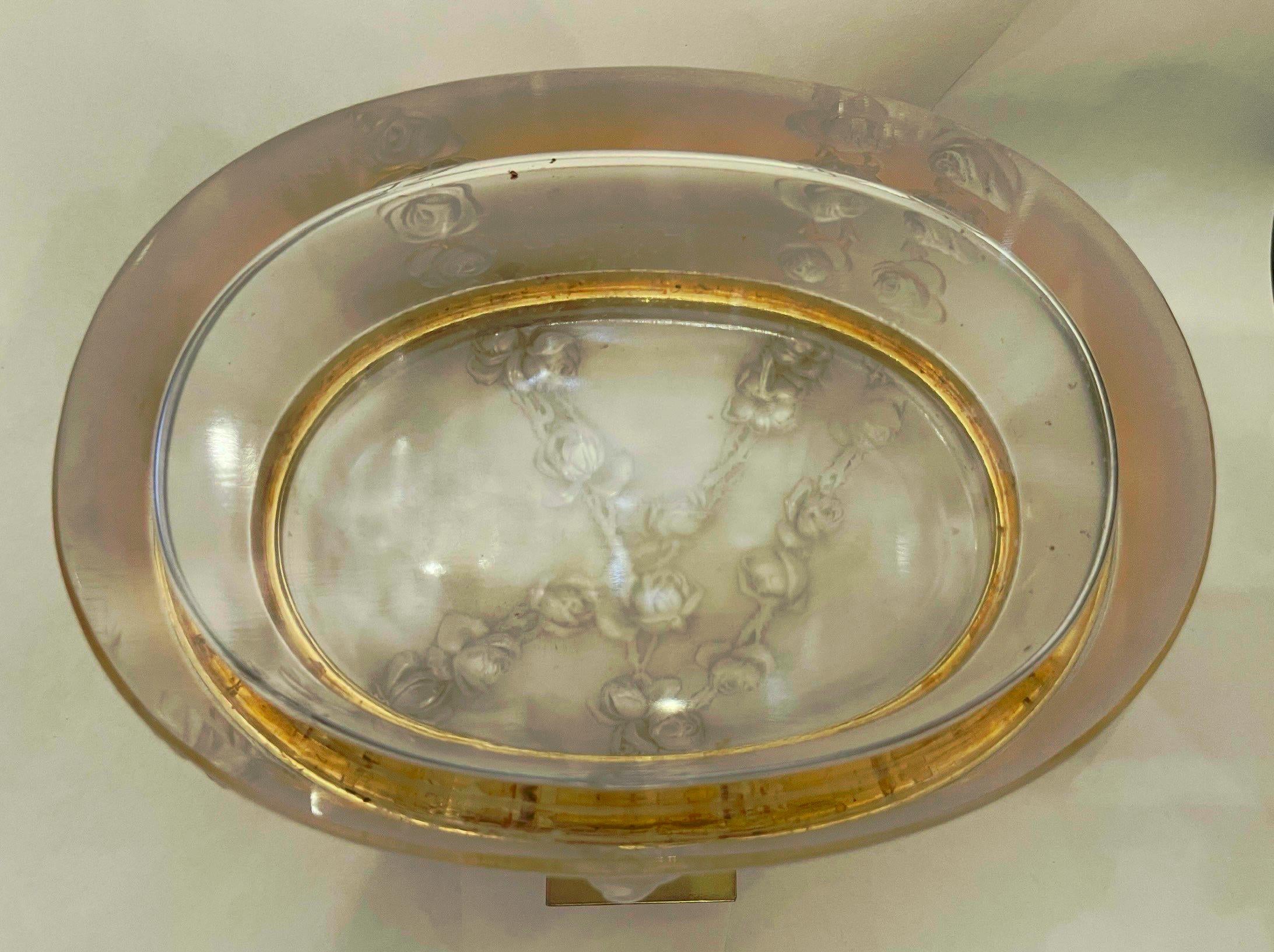 Wonderful French Lalique Coppelia Crystal Rose Garland Brass Dresser Jewelry Box For Sale 4