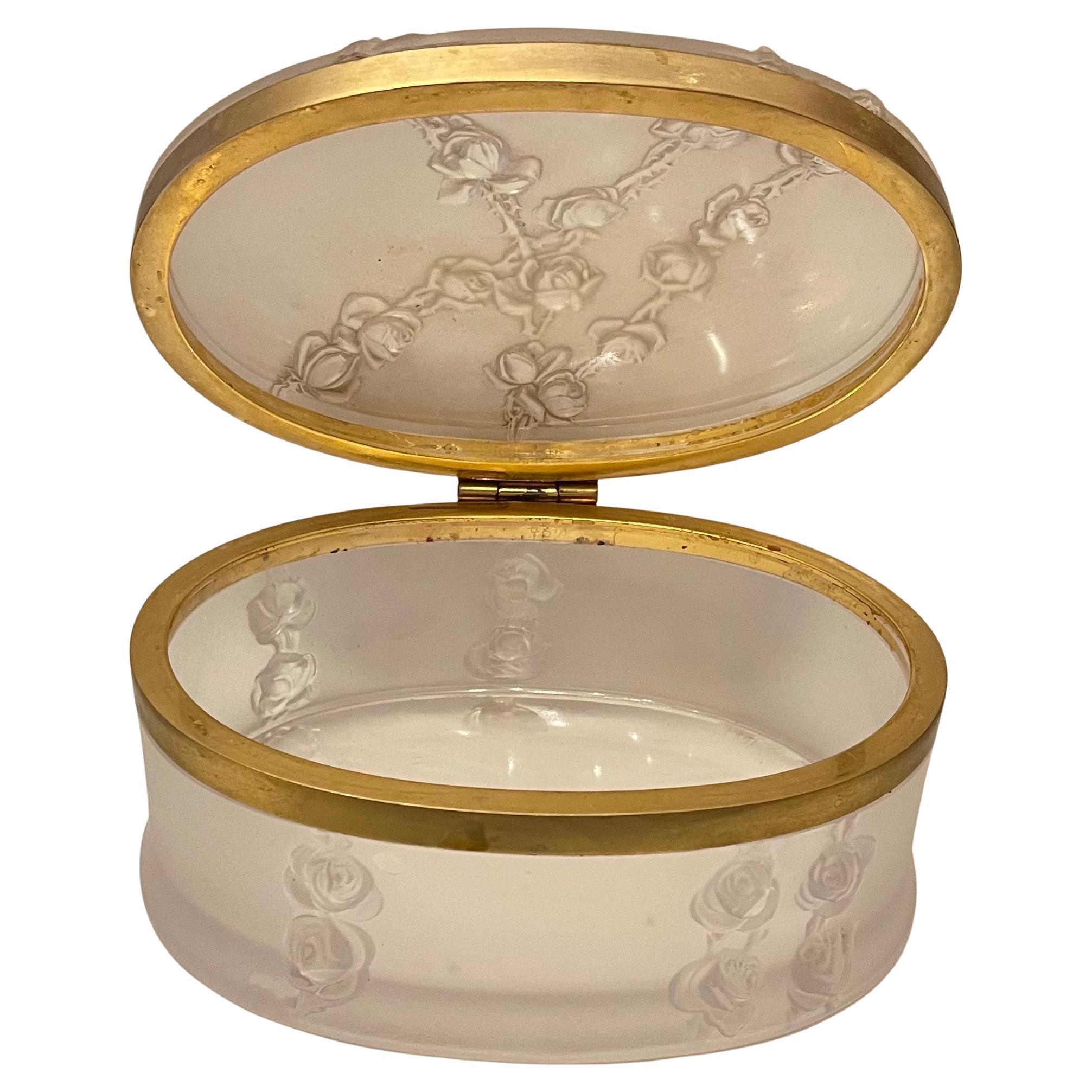 Wonderful French Lalique Coppelia Crystal Rose Garland Brass Dresser Jewelry Box For Sale