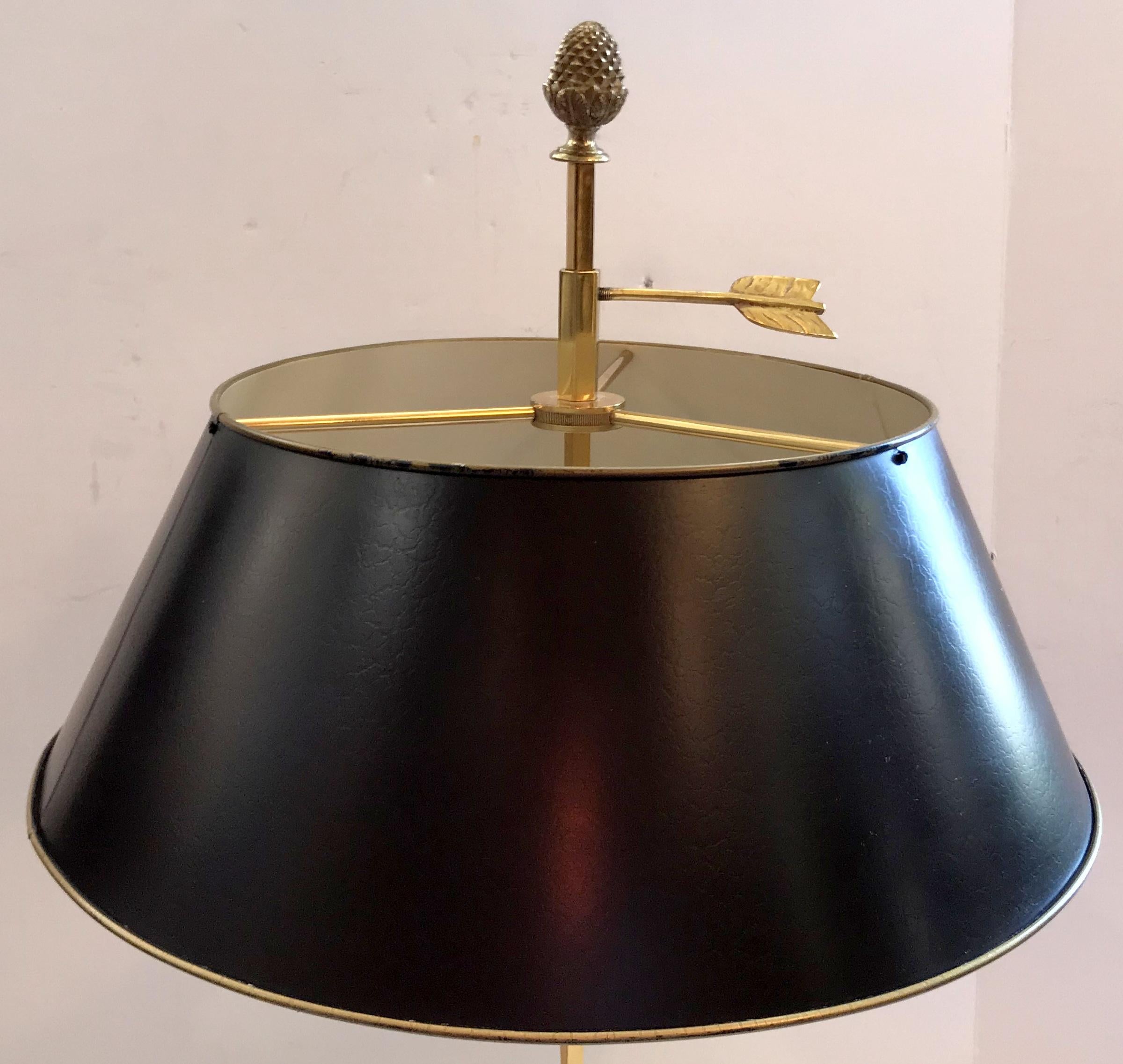 Wonderful French Large Louis XVI Bronze Three-Arm Bouillotte Lamp Tole Shade In Good Condition For Sale In Roslyn, NY