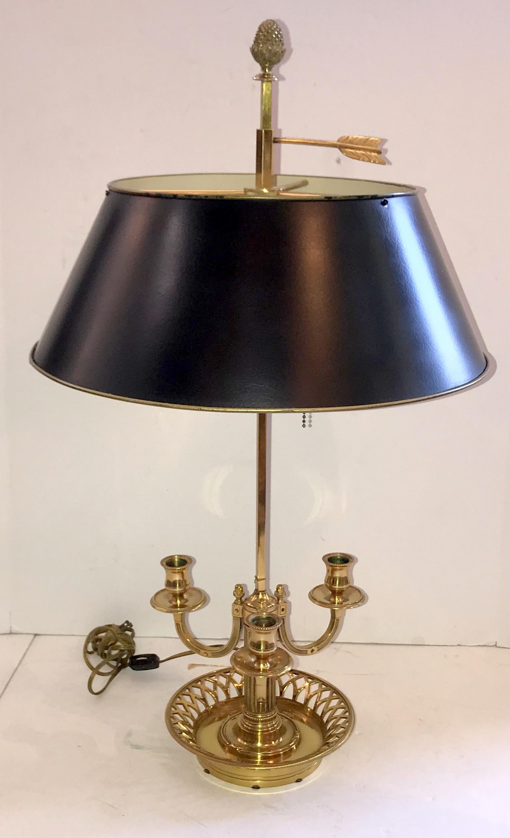 Wonderful French Large Louis XVI Bronze Three-Arm Bouillotte Lamp Tole Shade For Sale 3
