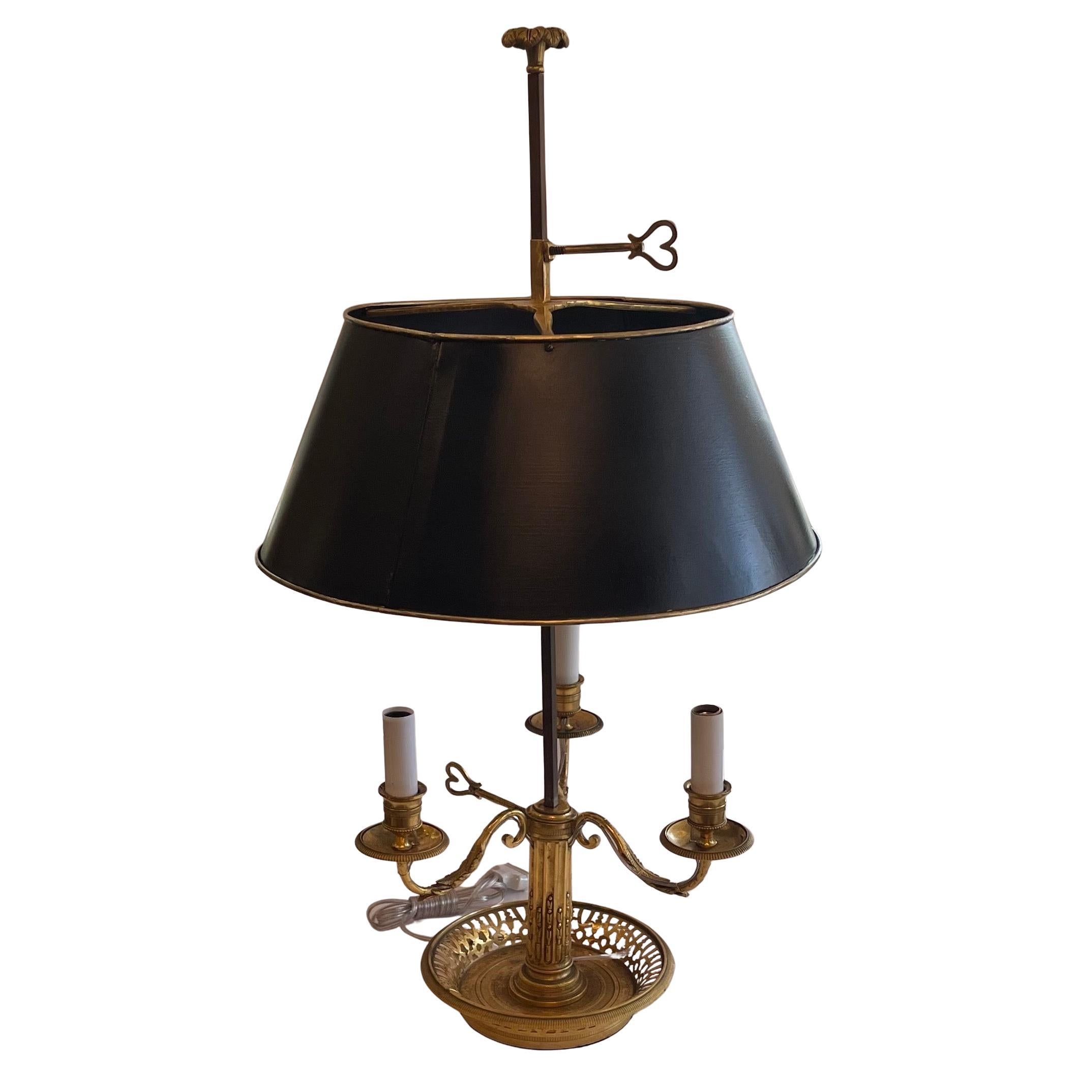 Wonderful French Large Louis XVI Bronze Three-Arm Bouillotte Lamp Tole Shade
