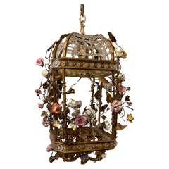 Wonderful French Louis XV Bronze Bird Cage Porcelain Flower Crystal Chandelier