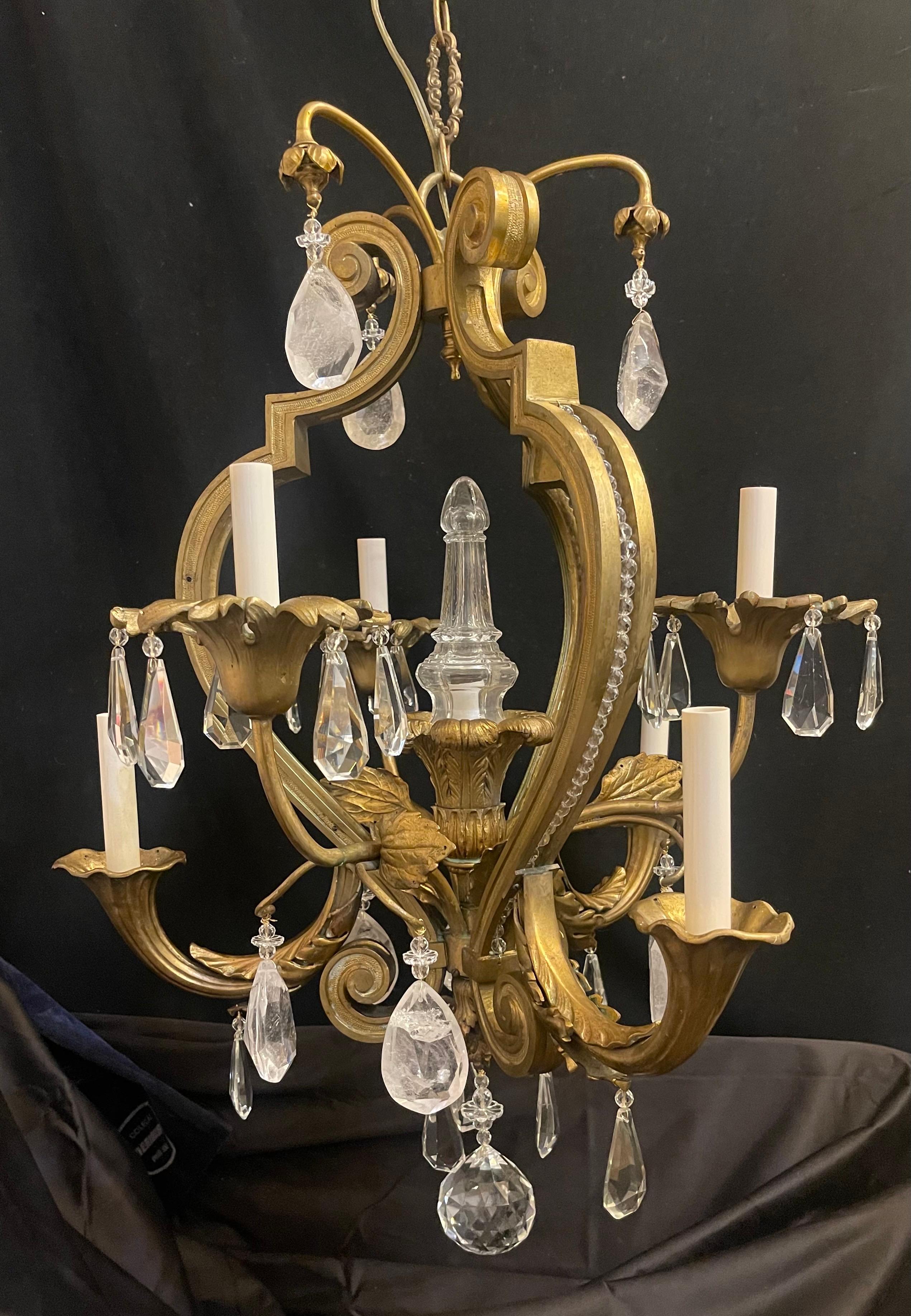 A Wonderful French Louis XV Style Bronze Basket Form With Crystal Beaded Integrated And  Rock Crystal Drop 7 Candelabra Light Chandelier