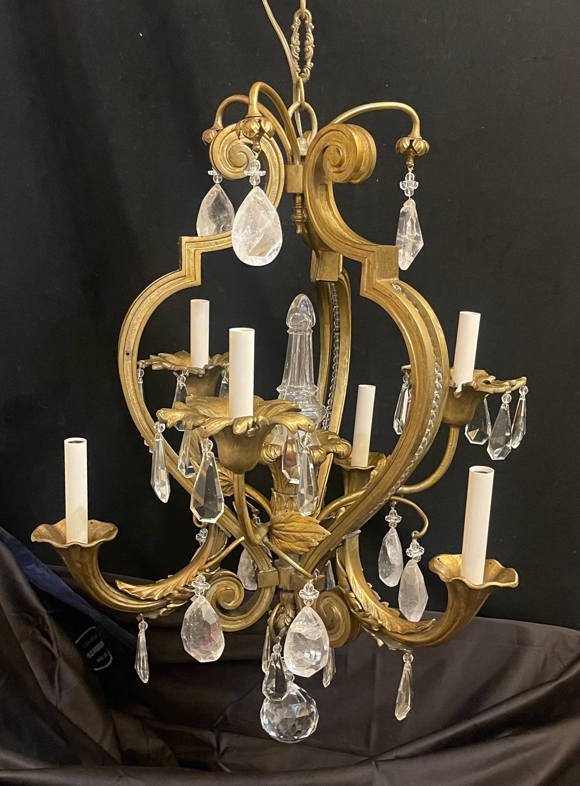 Wonderful French Louis XV Bronze Crystal Basket Beaded Rock Crystal Chandelier Belle Époque en venta