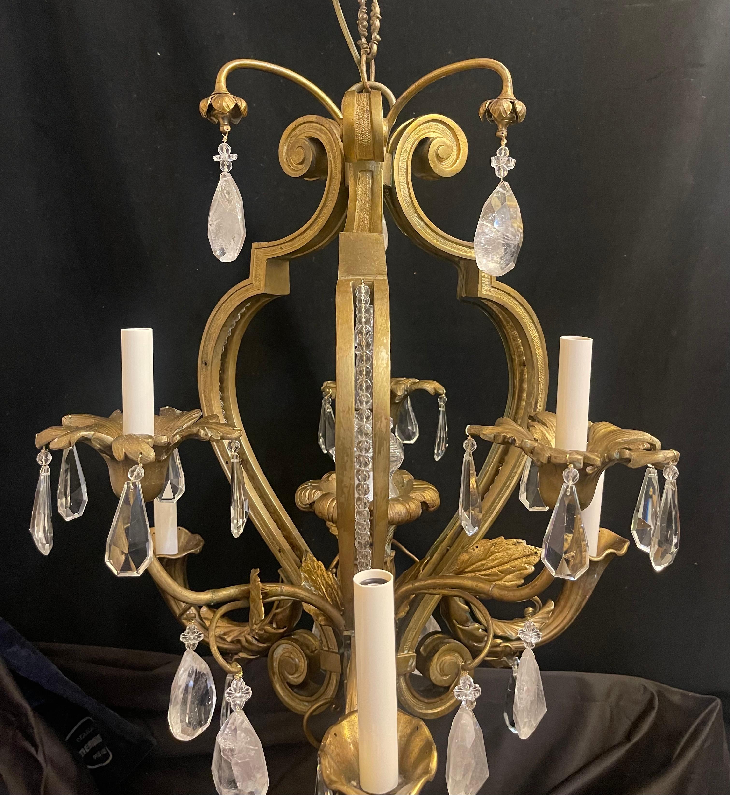 Wonderful French Louis XV Bronze Crystal Basket Beaded Rock Crystal Chandelier Francés en venta