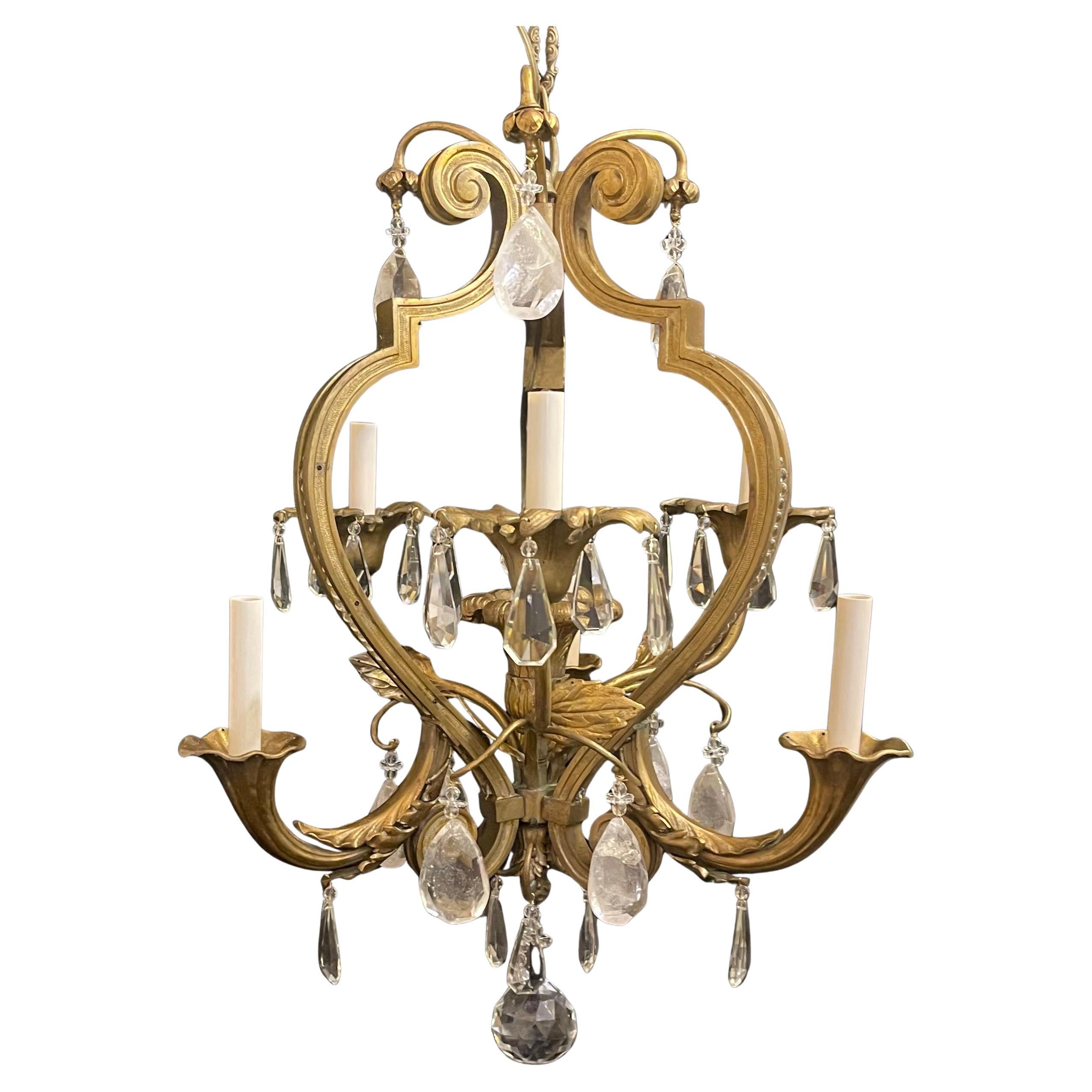 Wonderful French Louis XV Bronze Crystal Basket Beaded Rock Crystal Chandelier