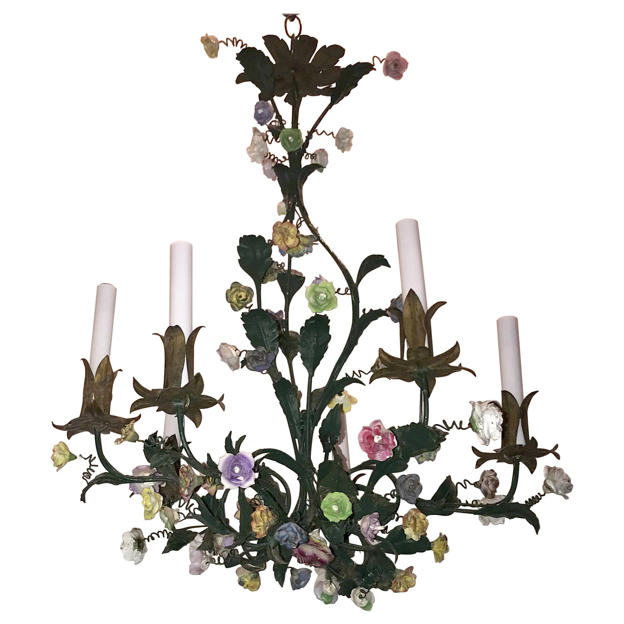 Wonderful French Louis XV Polychrome Porcelain Flowers Tole Green Chandelier