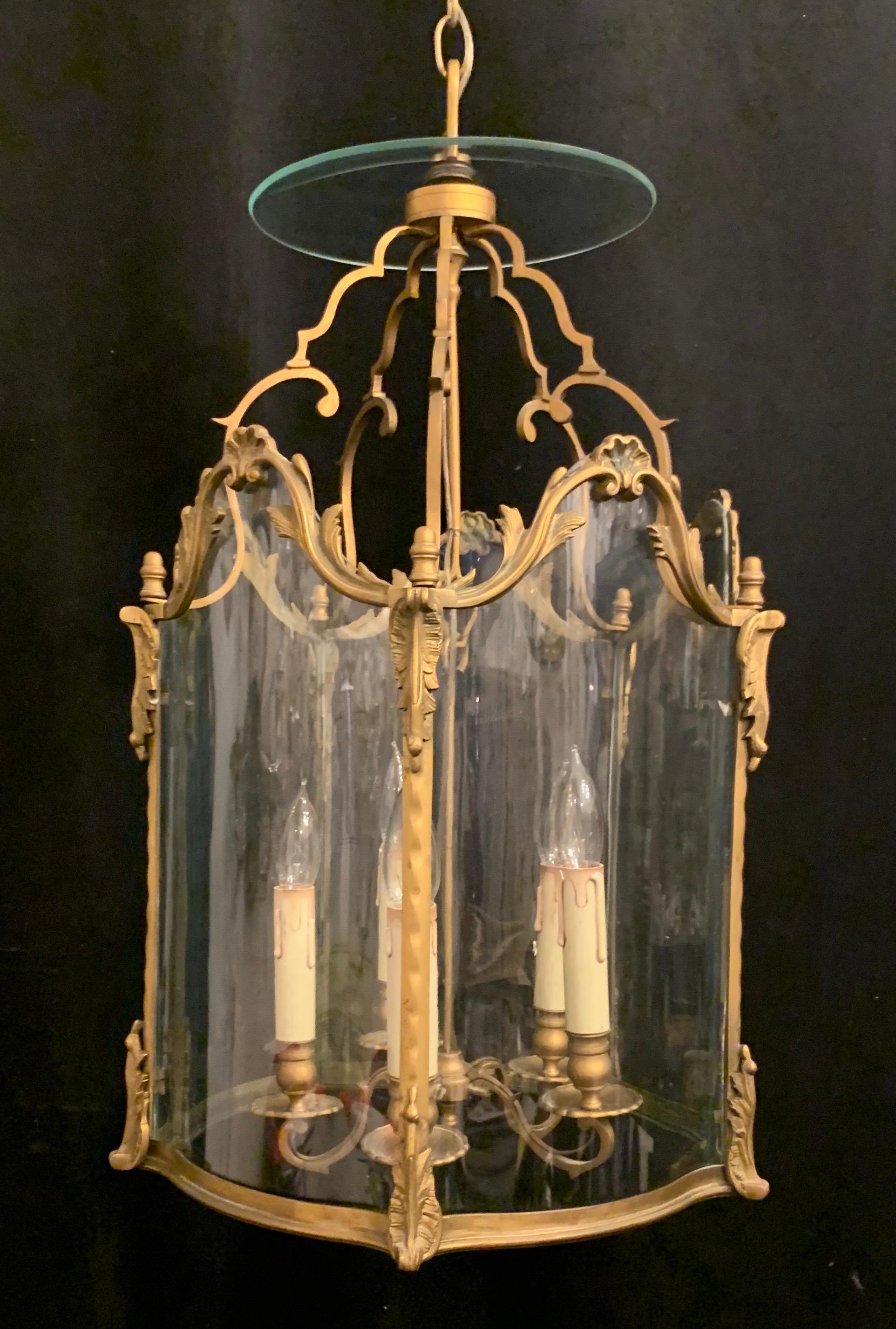 20th Century Wonderful French Louis XVI Gilt Bronze and Curved Panel Glass Lantern Fixture