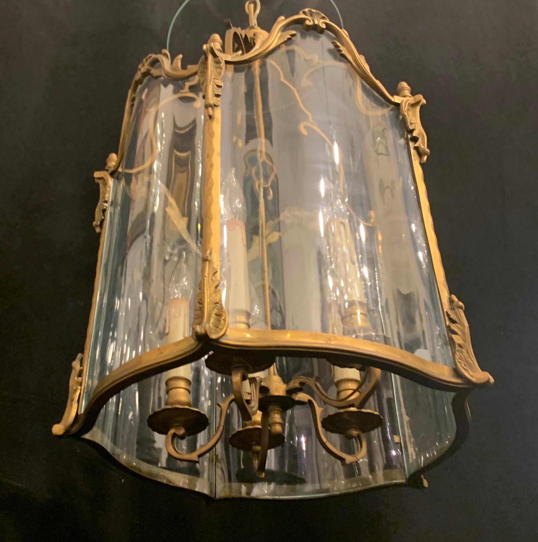 Wonderful French Louis XVI Gilt Bronze and Curved Panel Glass Lantern Fixture 1