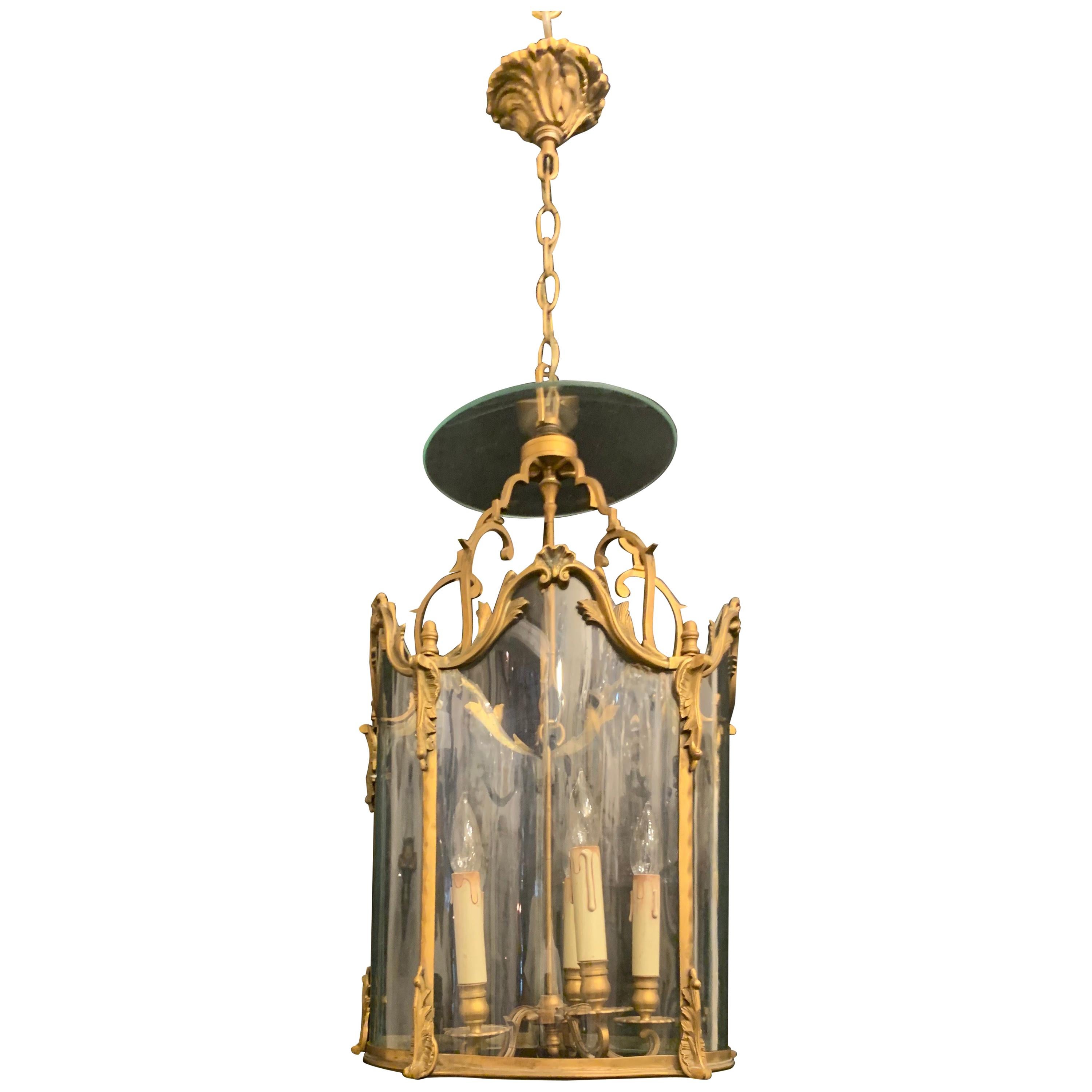 Wonderful French Louis XVI Gilt Bronze and Curved Panel Glass Lantern Fixture