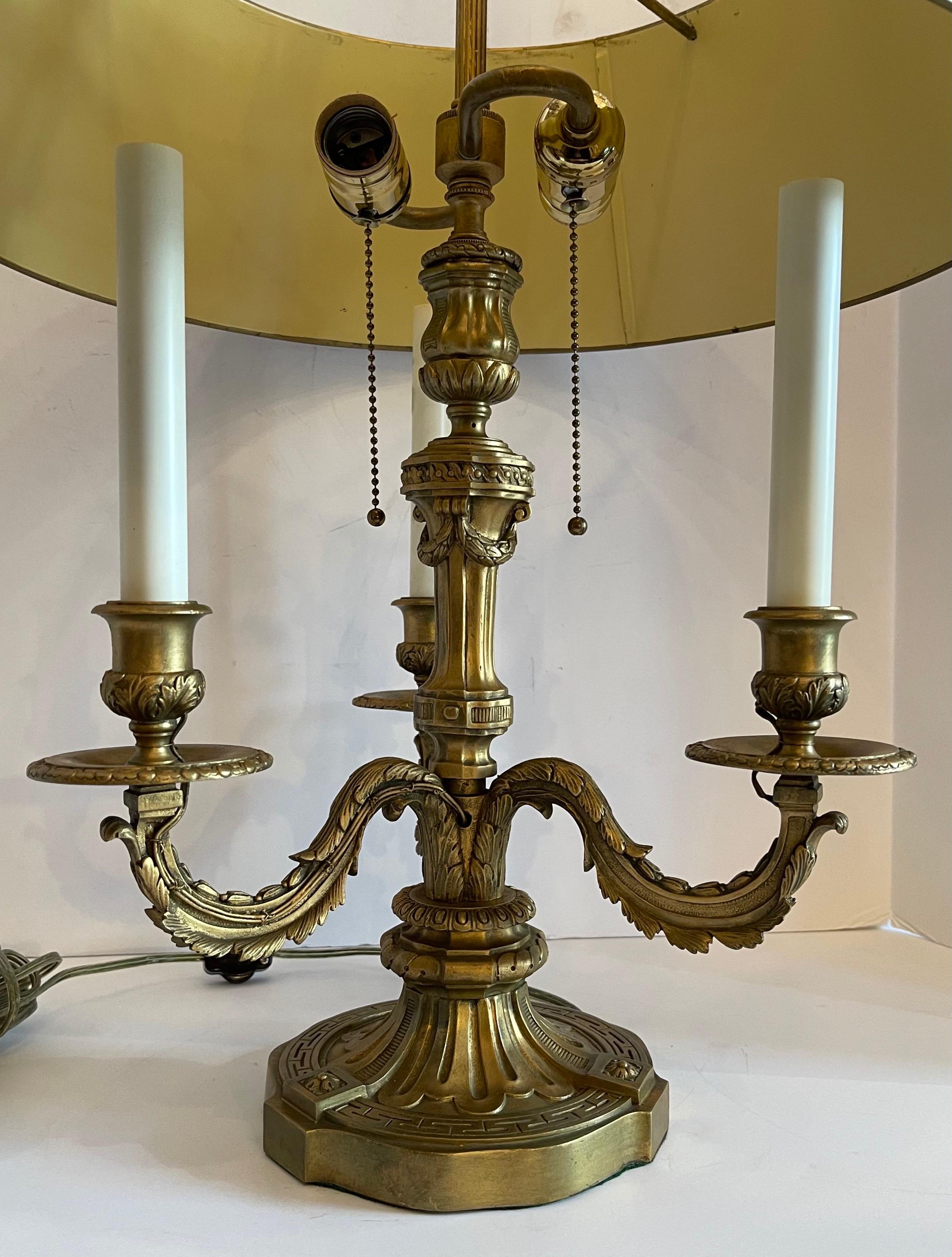 Wonderful French Louis XVI Gilt Bronze Three-Arm Bouillotte Lamp Tole Shade In Good Condition In Roslyn, NY