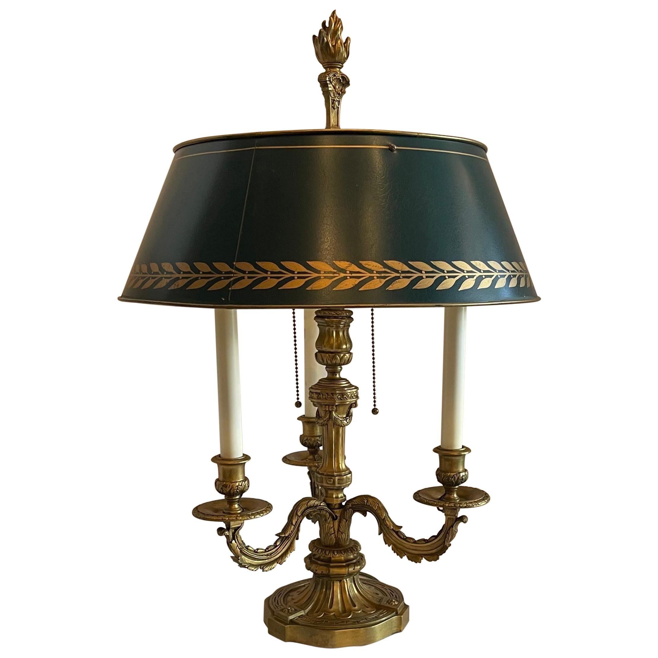 Wonderful French Louis XVI Gilt Bronze Three-Arm Bouillotte Lamp Tole Shade