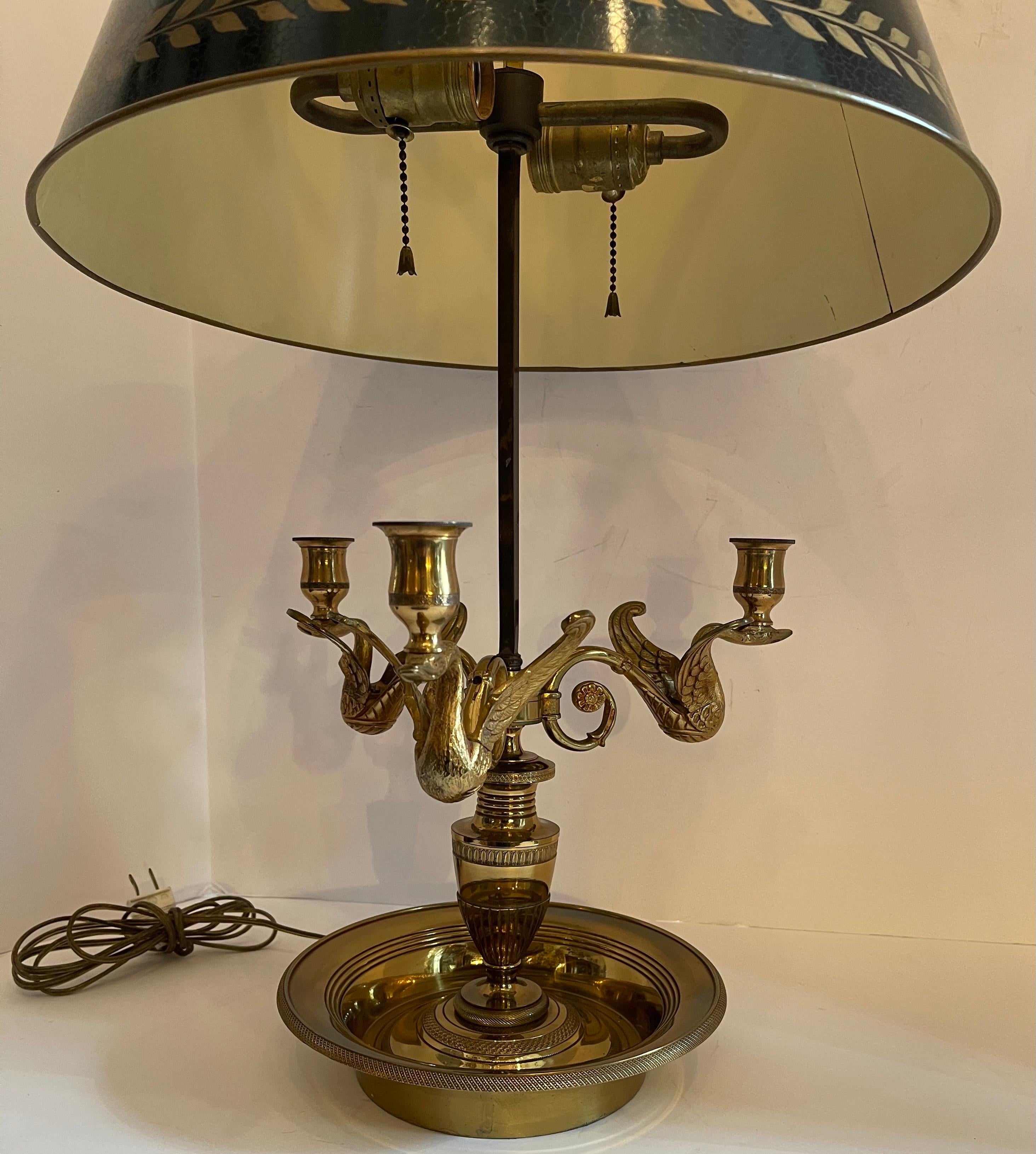 Wonderful French Louis XVI Gilt Bronze Three-Arm Swan Bouillotte Lamp Tole Shade In Good Condition For Sale In Roslyn, NY
