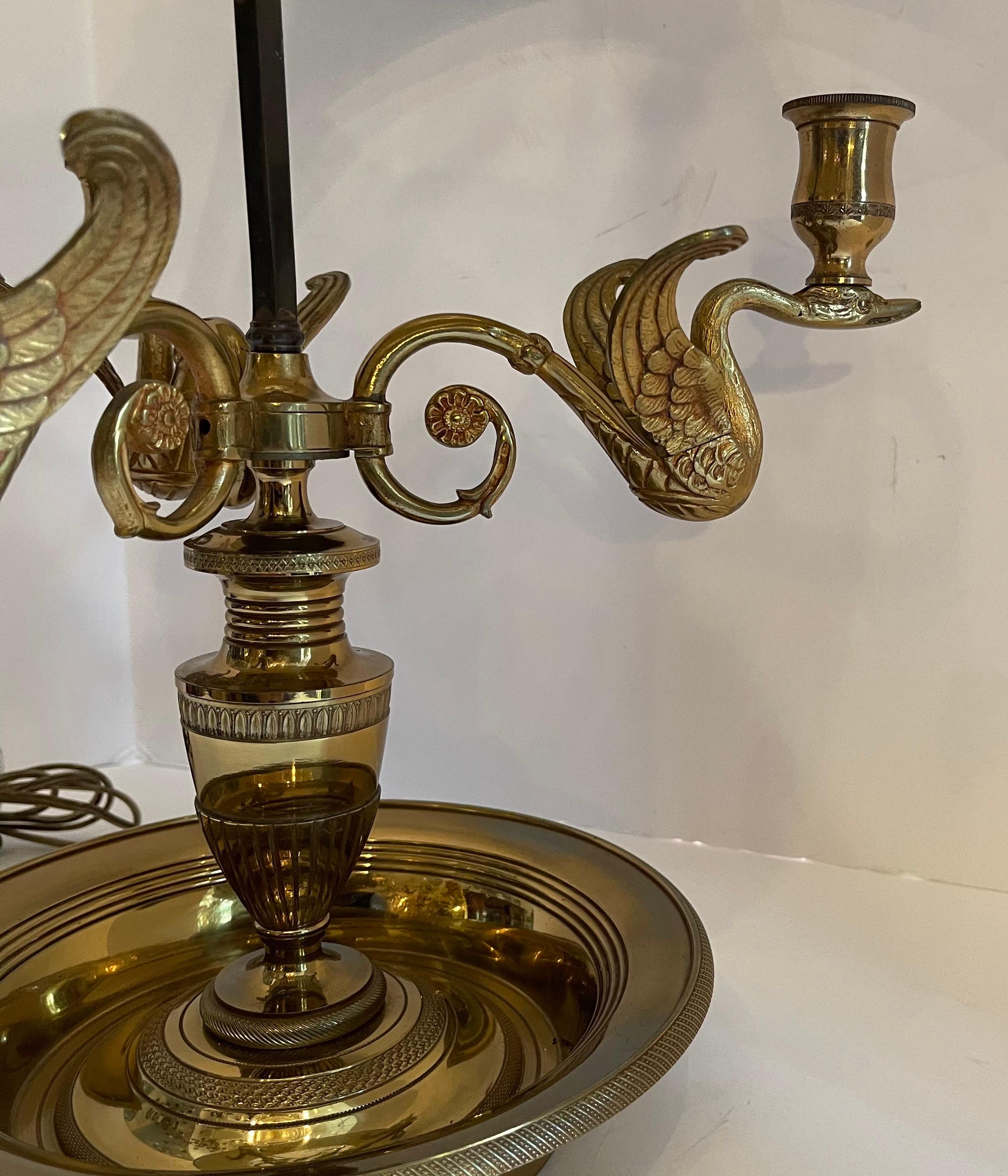 20th Century Wonderful French Louis XVI Gilt Bronze Three-Arm Swan Bouillotte Lamp Tole Shade For Sale