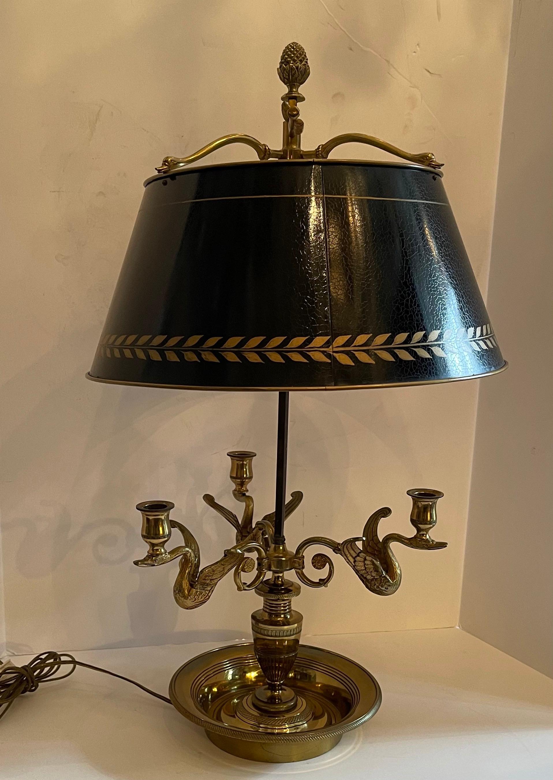 Wonderful French Louis XVI Gilt Bronze Three-Arm Swan Bouillotte Lamp Tole Shade For Sale 4